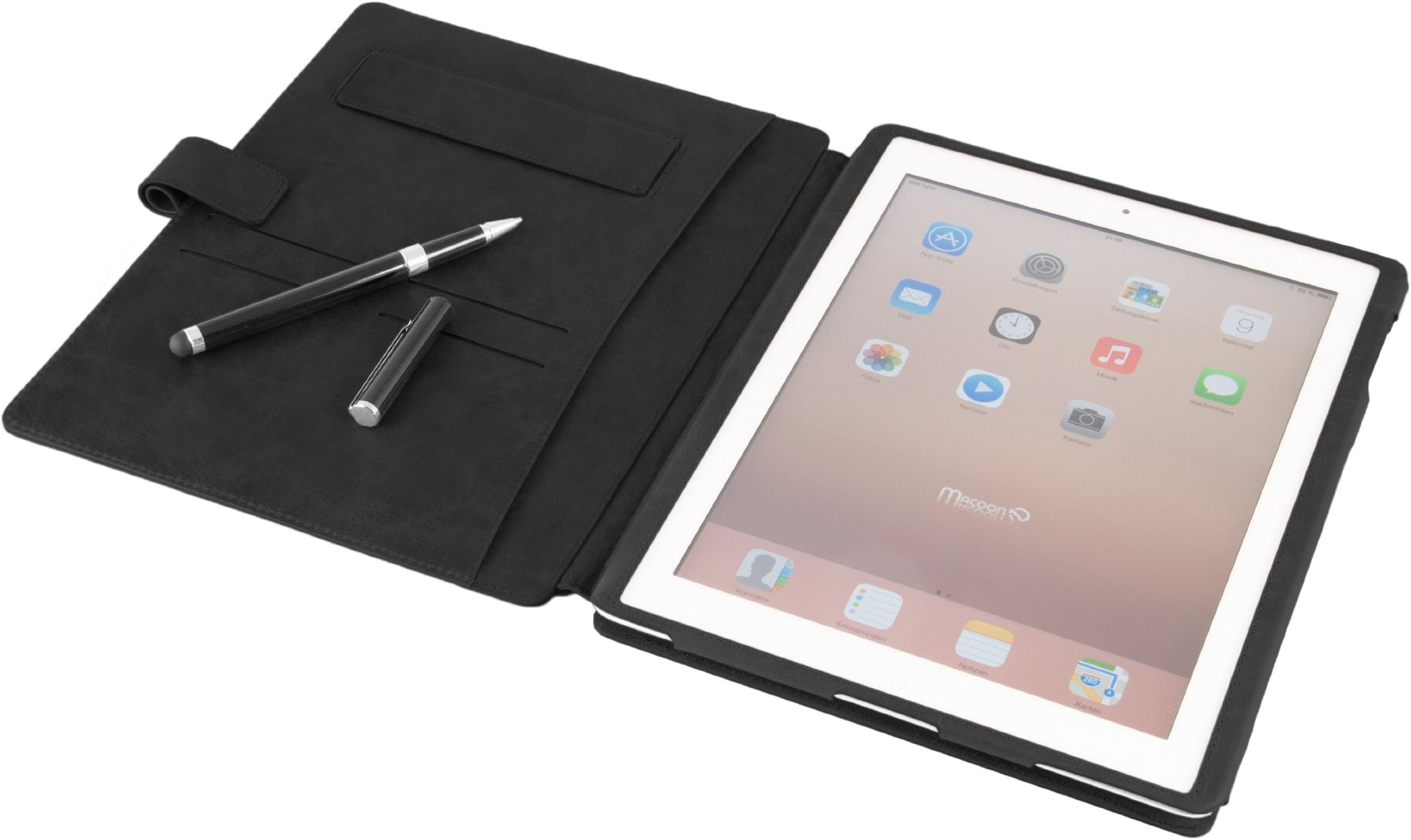 MACOON iPad 2, 3, 4 'Business Traveler' Leather Case is of Cowhide with Stand and Stylus Pen, color: black