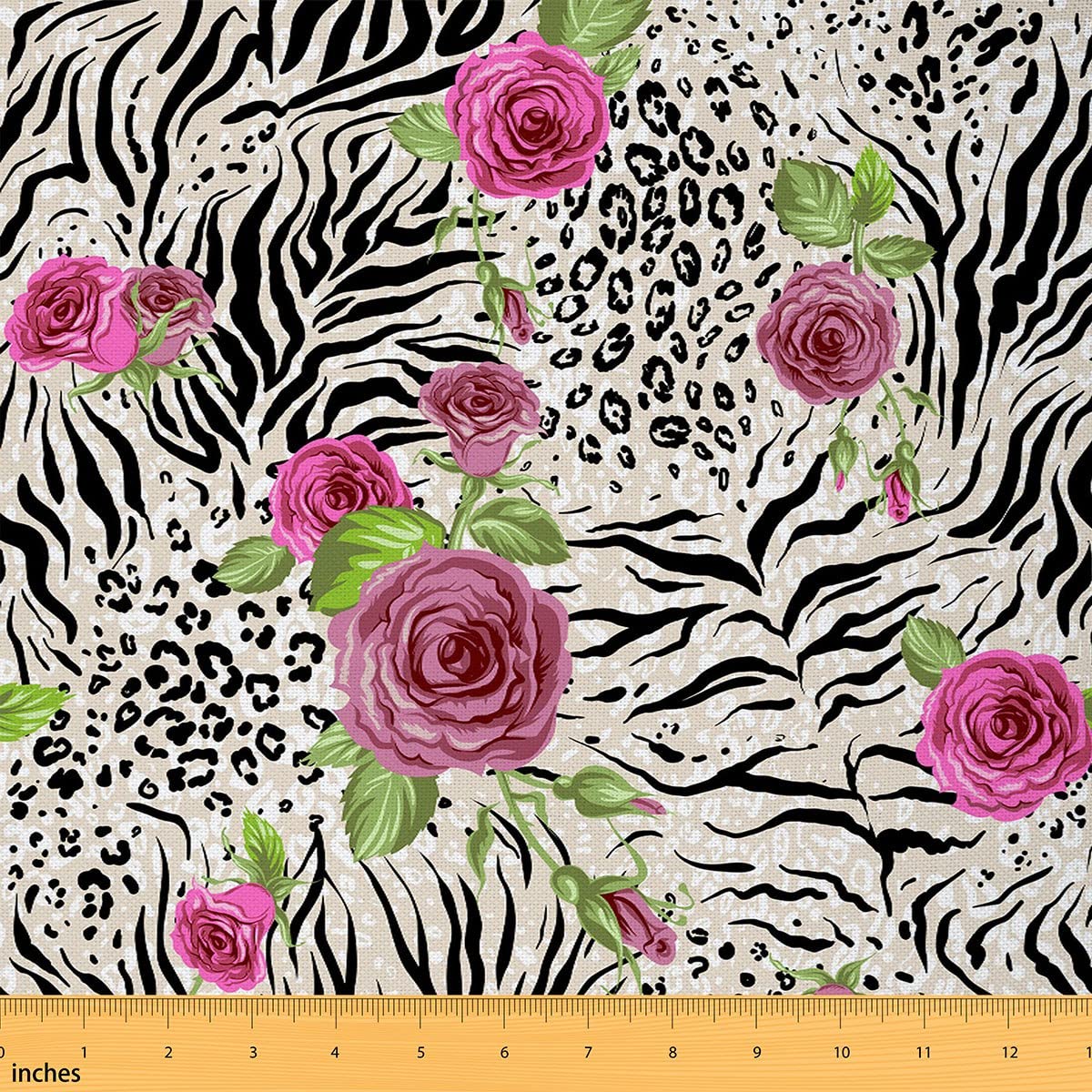Watercolor Retro Rose Fabric by The Yard Zebra Leopard Wild Animal Skin Print Fabric for Kids Teens Adults Western Jungle Romantic Style Fabric for Room Decor and DIY Upholstery 1 Yard