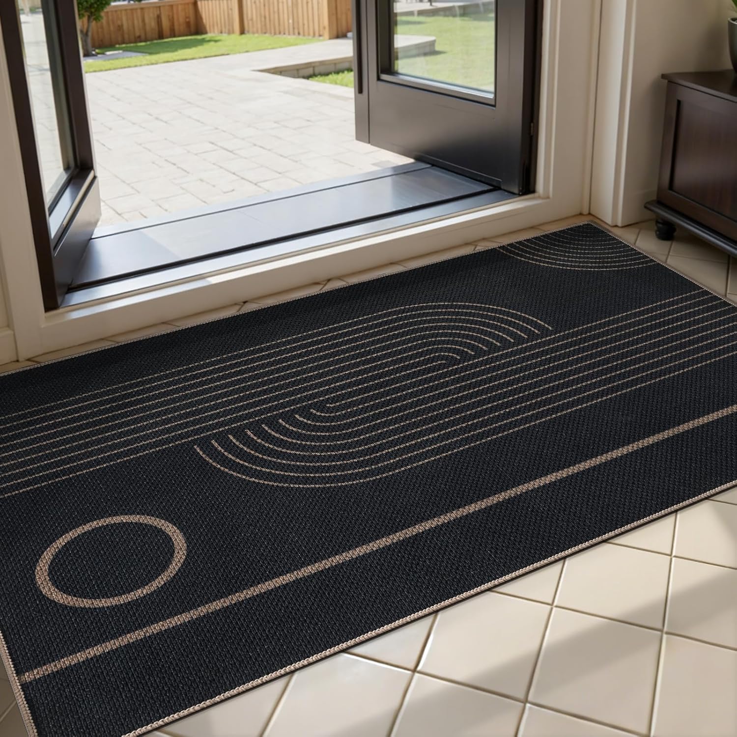 Tangsoo Easy Jute Rug 2x4 Small Rugs for Entryway,Washable Thin Outdoor Door Mat,Black Round Rainbow Non-Slip Indoor Floor Small Throw Carpet for Entrance Kitchen Hallway Bedroom Front Porch