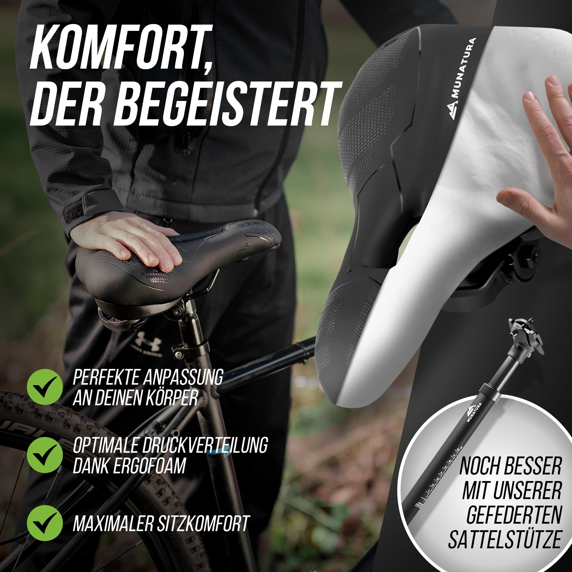 MUNATURA Premium Fahrradsattel – Extra Bequem & Ergonomisch – Mit Memory Foam & Federung, Wasserdicht & Stoßdämpfend – Perfekter Sattel für Herren & Damen, E-Bike & Citybike