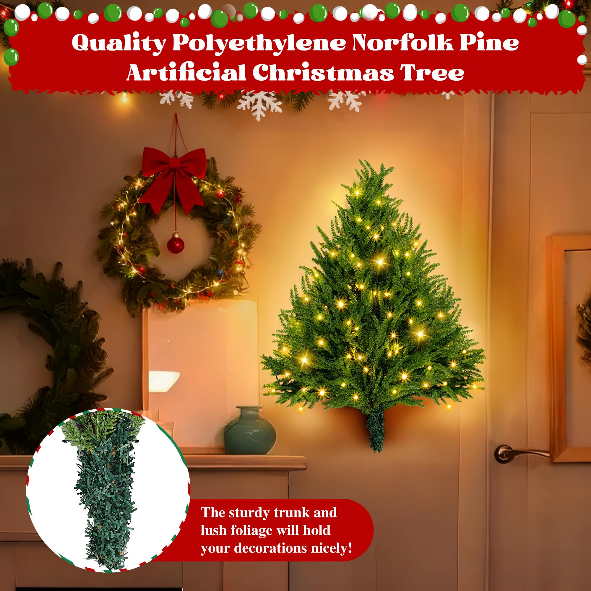 Sapin de Noël Artificiel pré-éclairé à Suspendre au Mur avec lumières LED, Sapin de Noël Plat pré-éclairé pour Appartement, propriétaire de Chat