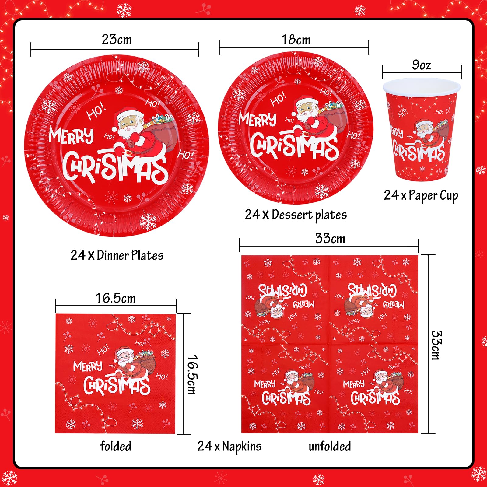 ZVK Christmas Santa Claus Party Paper Plates Napkins and Cups Pack of 96 Red Disposable Tableware Set Party Supplies - Image 3