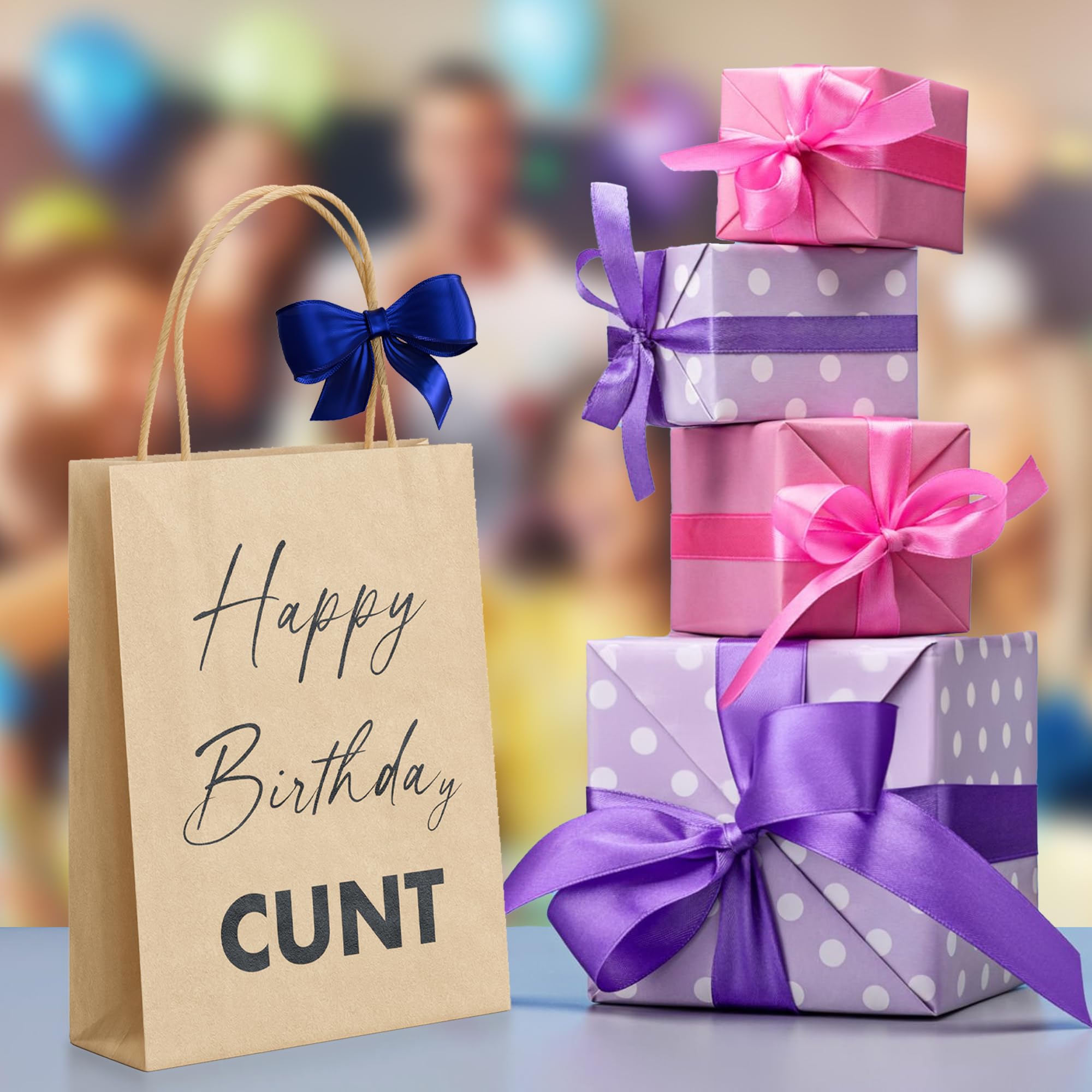 Funny Birthday Gift Bags - 'On This Day You Were Born' Kraft Paper Bags With Black Ribbon Handles