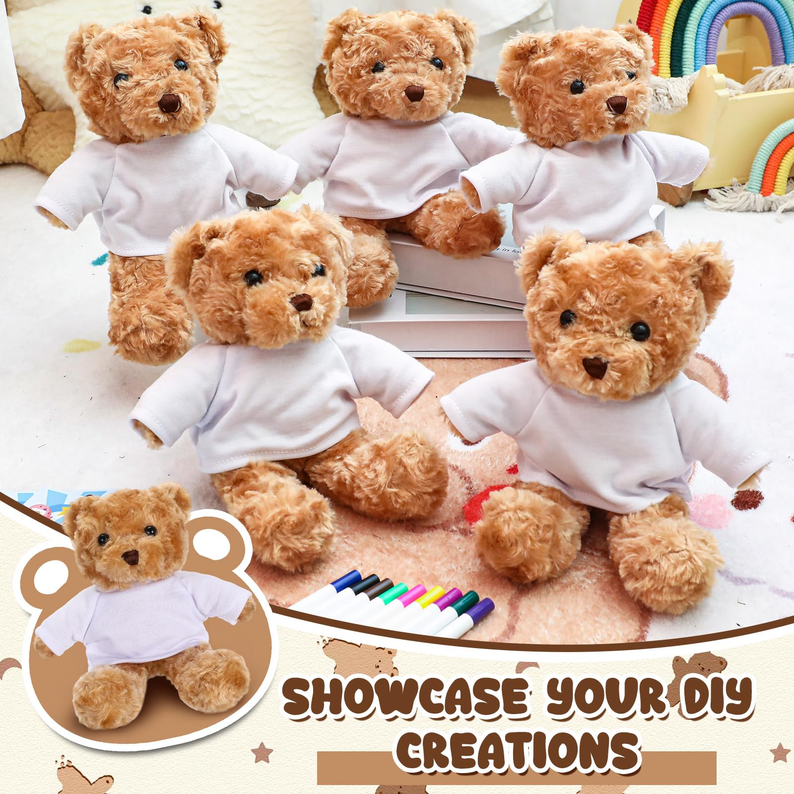 Blueweenly 20 Pcs Make Your Own Stuffed Bear Gift Kit 5 Pcs 9.84 Inches Rose Velvet Bear 5 White T Shirt 5 Set 12 Color Watercolor Pen 5 Paper Card DIY - Image 4