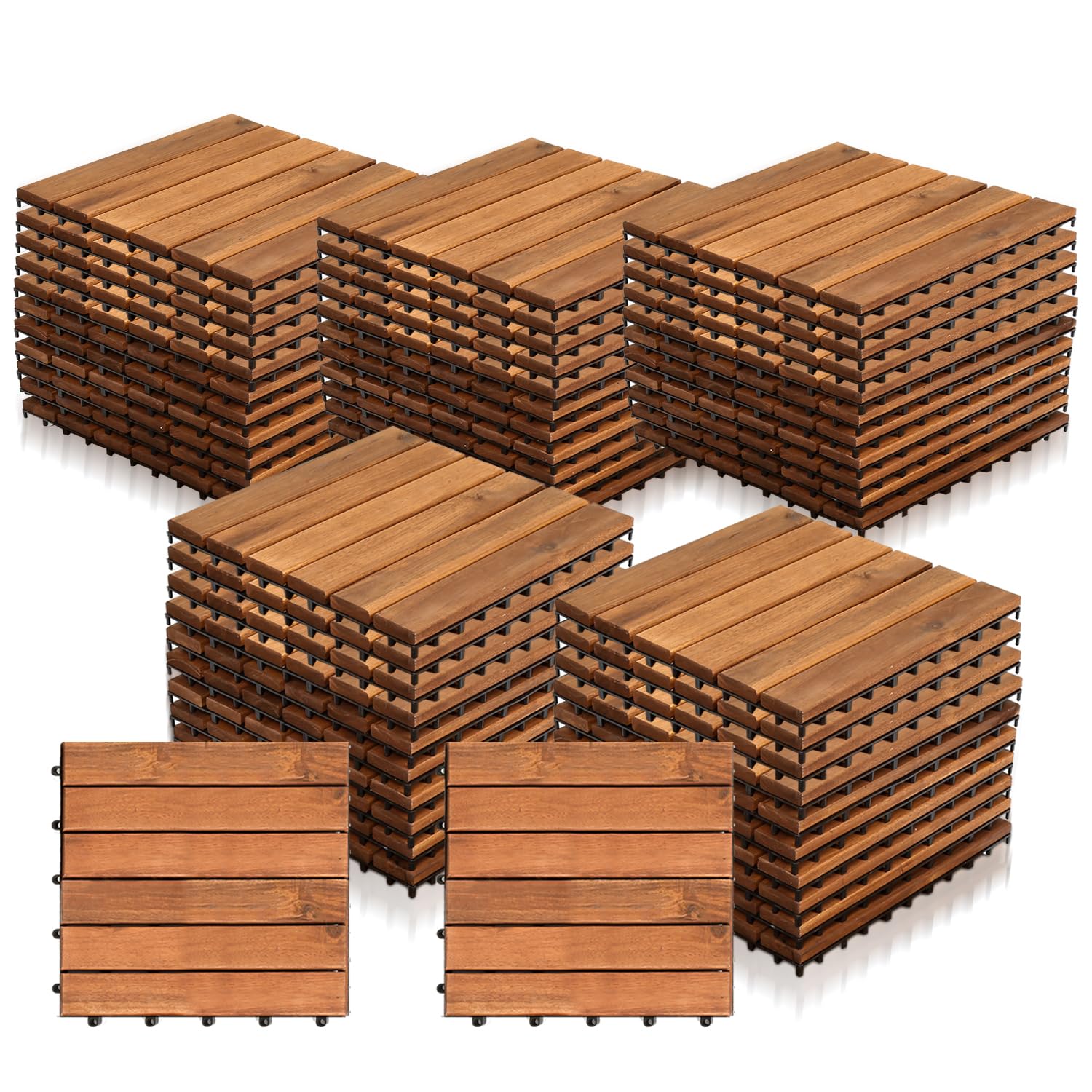 Eulenke Lot de 55 dalles en bois de 5 m² - 30 x 30 cm - Pour sol de balcon - Résistant aux intempéries - 6 lattes en bois d'acacia - Pour terrasses, balcons, jardins