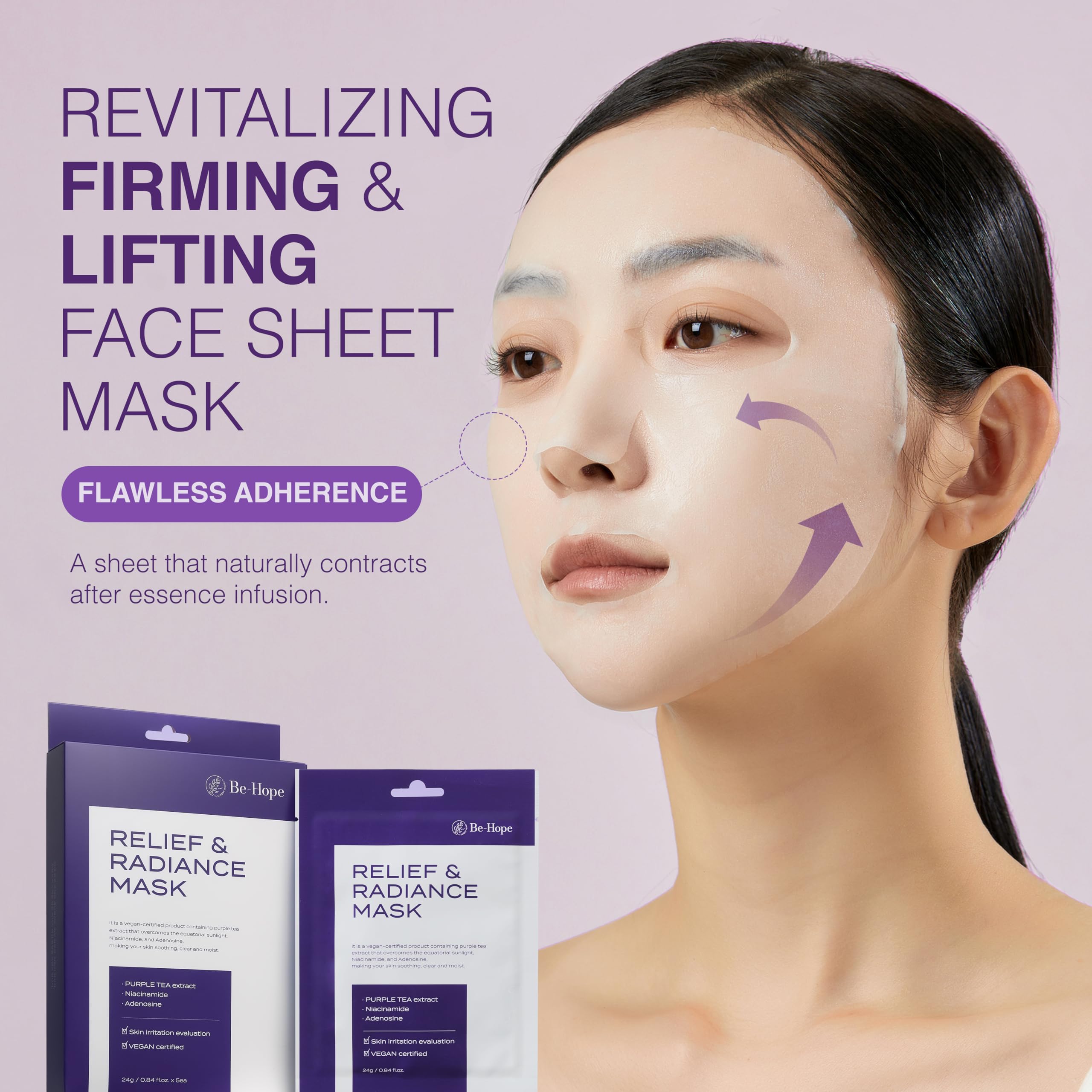 BE-HOPE Beruhigende Strahlkraft Tuchmaske 5er Pack vegan - Gesichtsmaske revitalisierend, straffend, Lifting Effekt, für alle Hauttypen