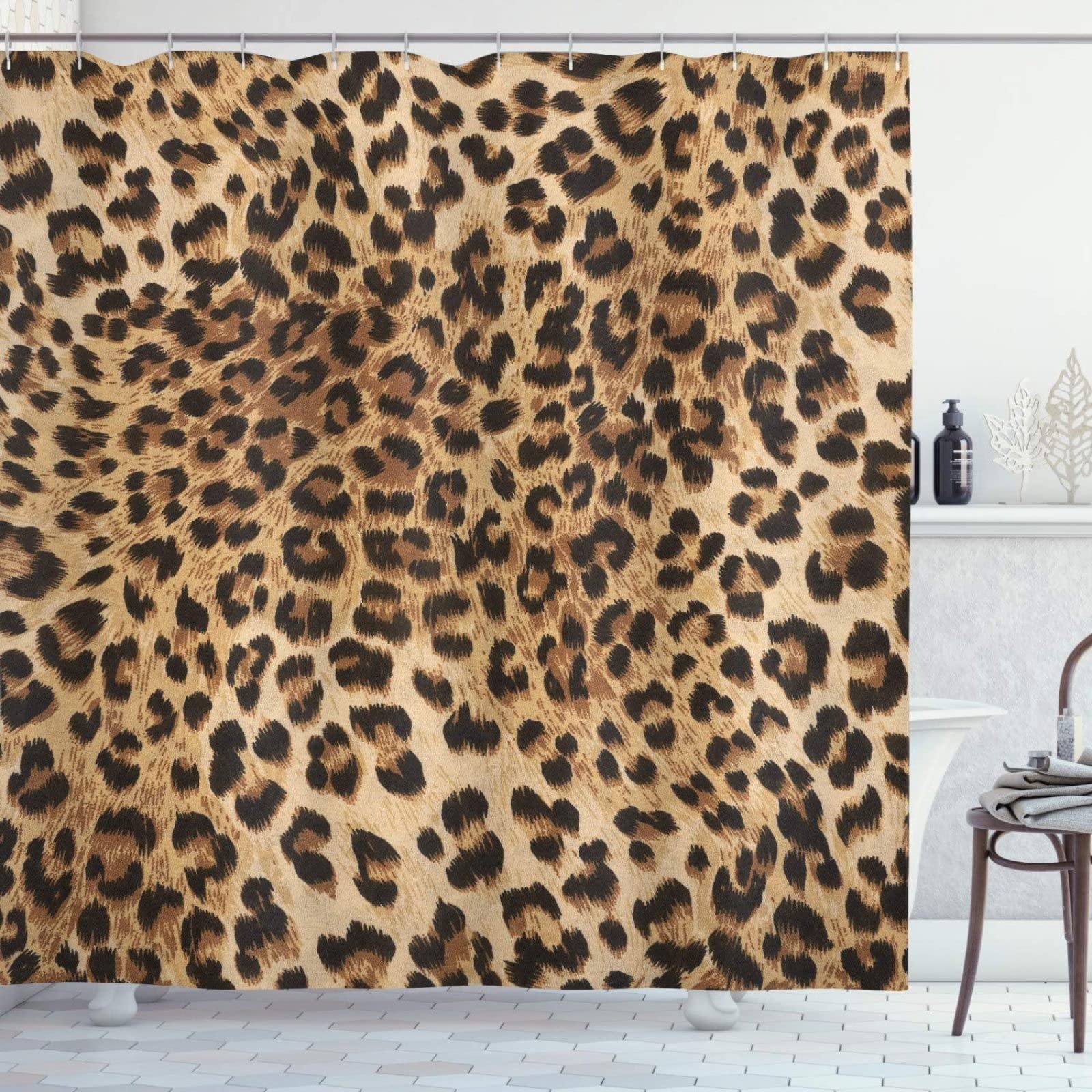 zhwe 3D Shower Curtain Leopard Print Mould Proof Resistant Bathroom Curtains, Waterproof Shower Curtains, Washable Bath Curtains 100% Polyester, 12 Hooks, Quick-Drying, 180x200 cm