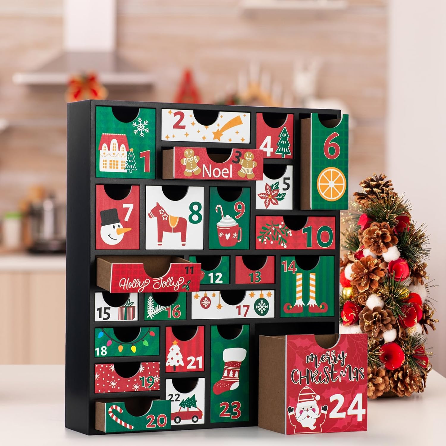 LARAINE Advent Calendar Christmas Wooden with Drawers, Christmas Holiday illustration Wood Advent Calendar for Kids Adults, Decorative 24 Empty Boxes to Fill
