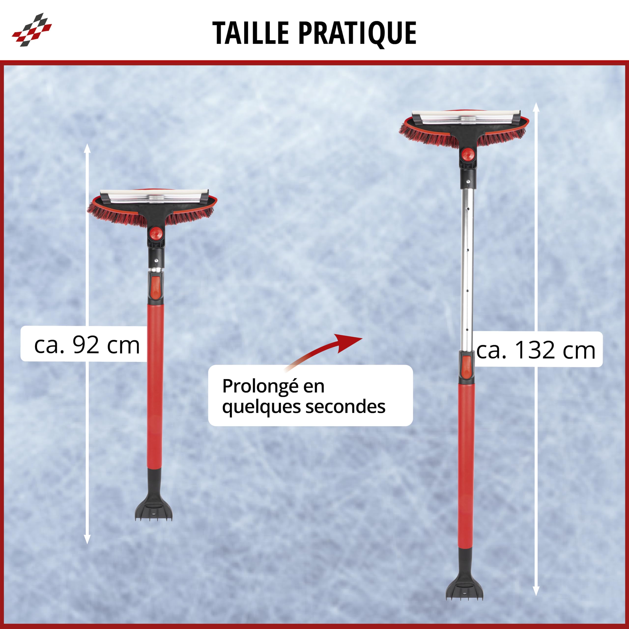WALSER Balai à neige 3en1 avec grattoir à glace télescopique, grattoir à glace avec manche télescopique 92-132 cm rouge/noir