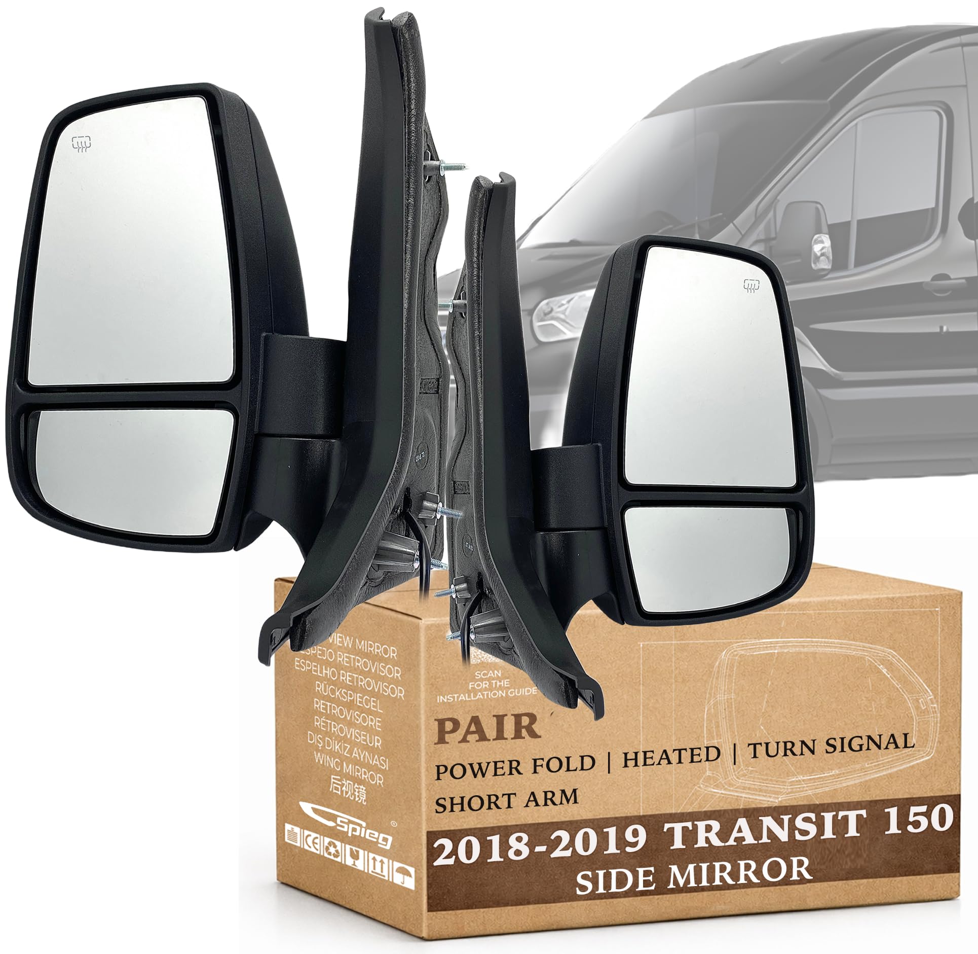Spieg Side Mirror Set for 2018-2019 Ford Transit 150 250 350 | Pair Side View Mirror Assembly Power Adj Heated Power Folding Turn Signal Light Short
