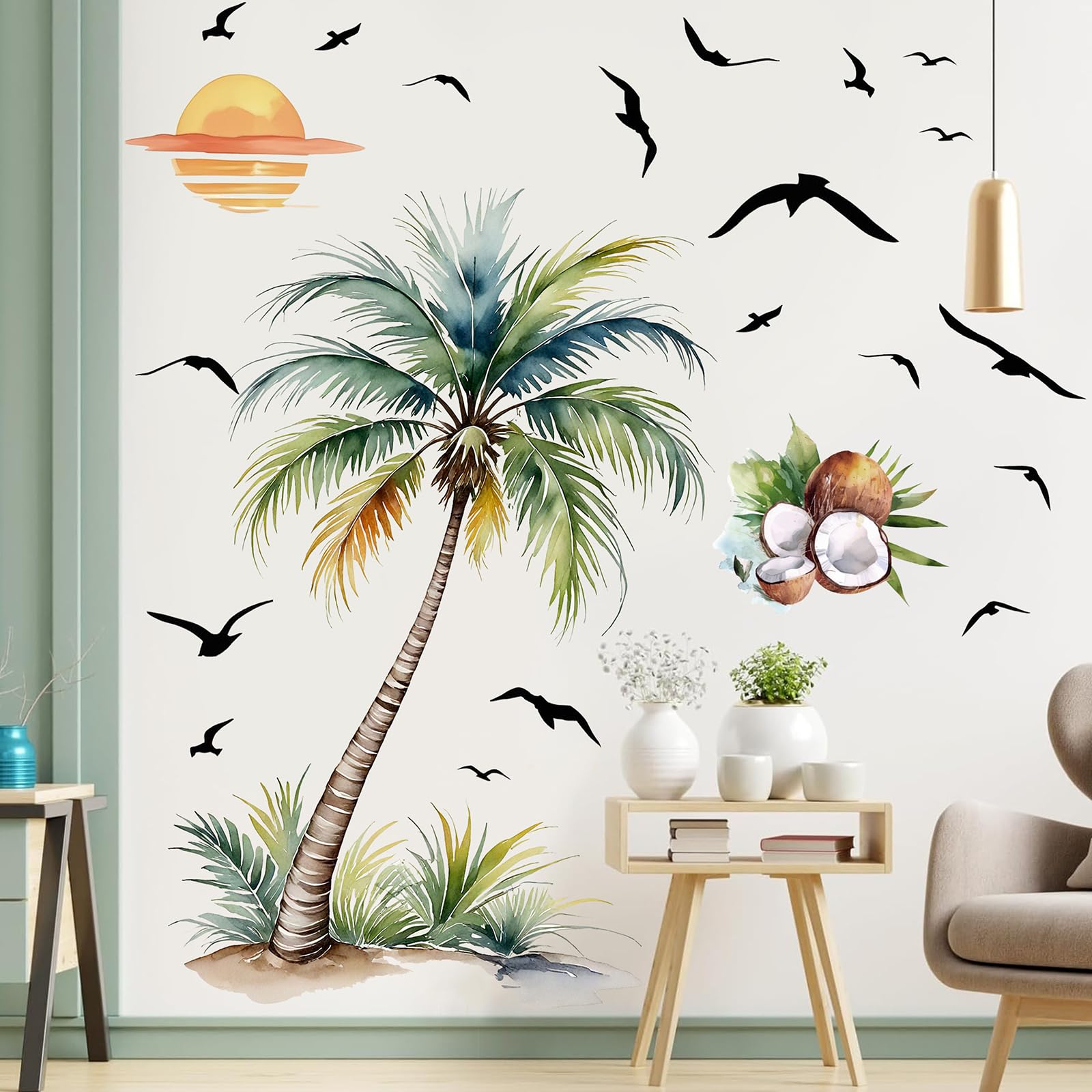 KAIRNE Palm Tree Wall Stickers Watercolor Coconut Tree Summer Decals Tropical Plant Birds Sunset Sticker Boho Art Decor for Baby Nursery Classroom Living Room Bedroom TV Background