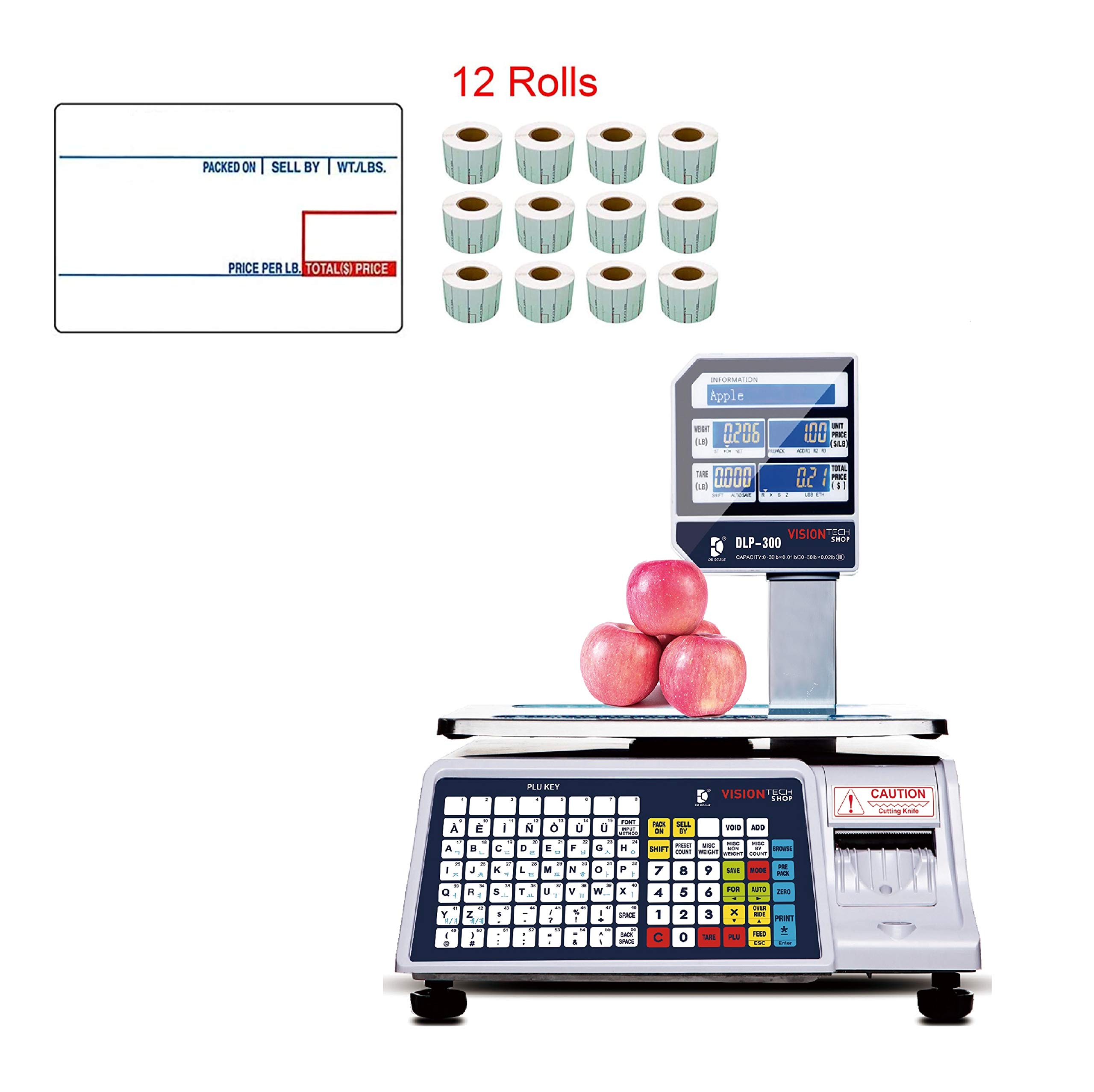 VisionTechShop DLP-300 Label Printing Scale Pole Display, 30/60lbs Capacity, 0.01/0.02lbs, NTEP Legal for Trade with a Free 1 case CAS LST-8010 UPC Label, 58 x 40mm