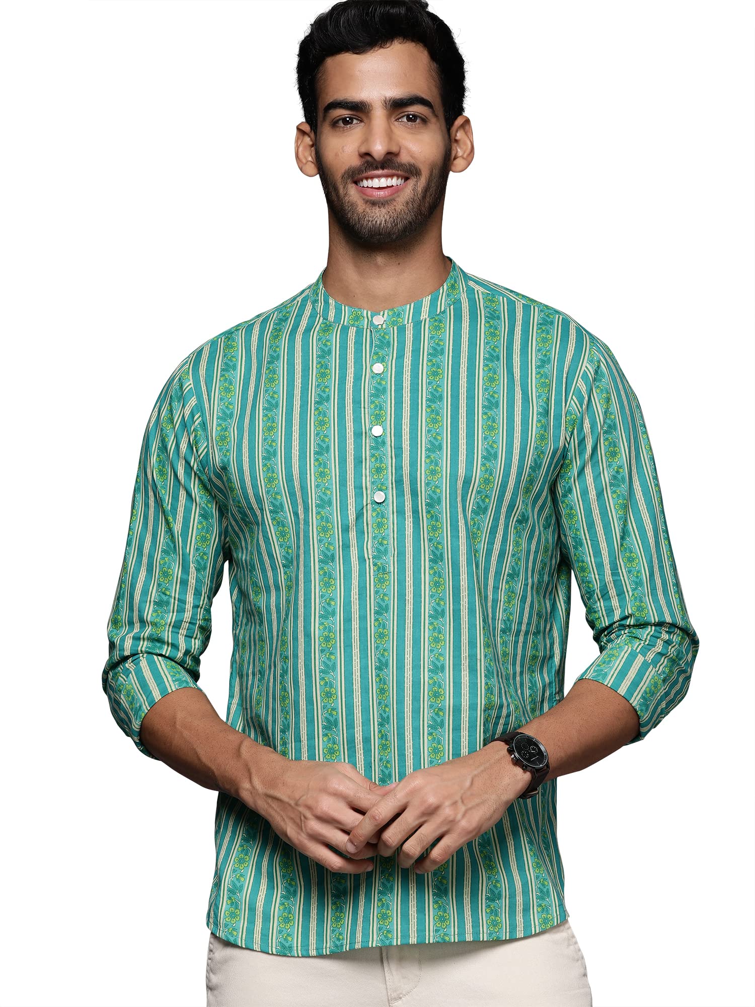 indo era Men's Cotton Straight Fit Striped Daily Straight Short Kurta (MKR0GN1174__Ready to Wear_S to 2-)-picture-43
