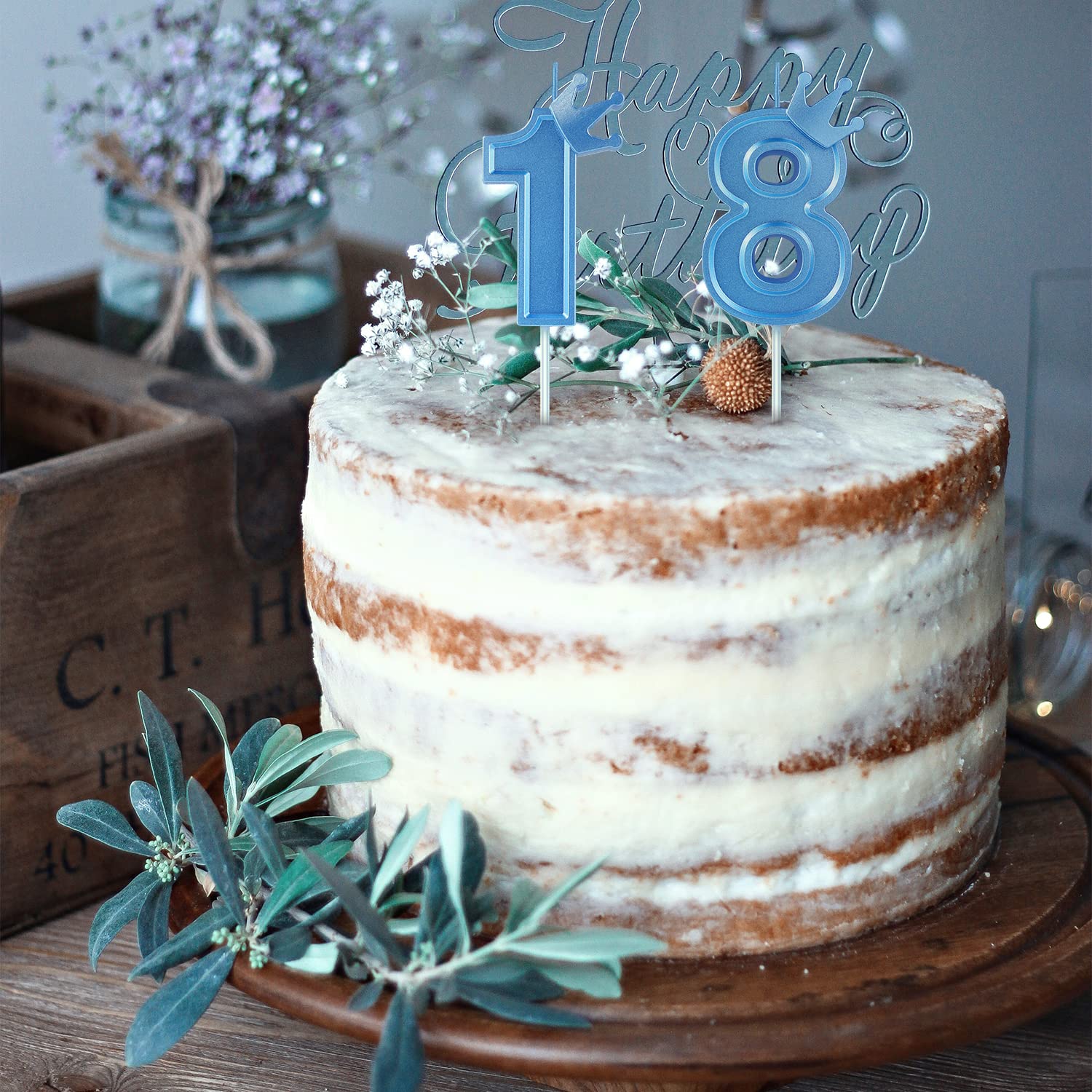 Velas Cumpleaños Numeros 7,6cm , Azul 3D Con Corona Velas Con