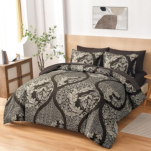 Miniatura 9 de Anibedding Juego de edredón negro tamaño Queen de 7 piezas, juego de edredón de damasco bohemio de microfibra suave y ligera para todas las