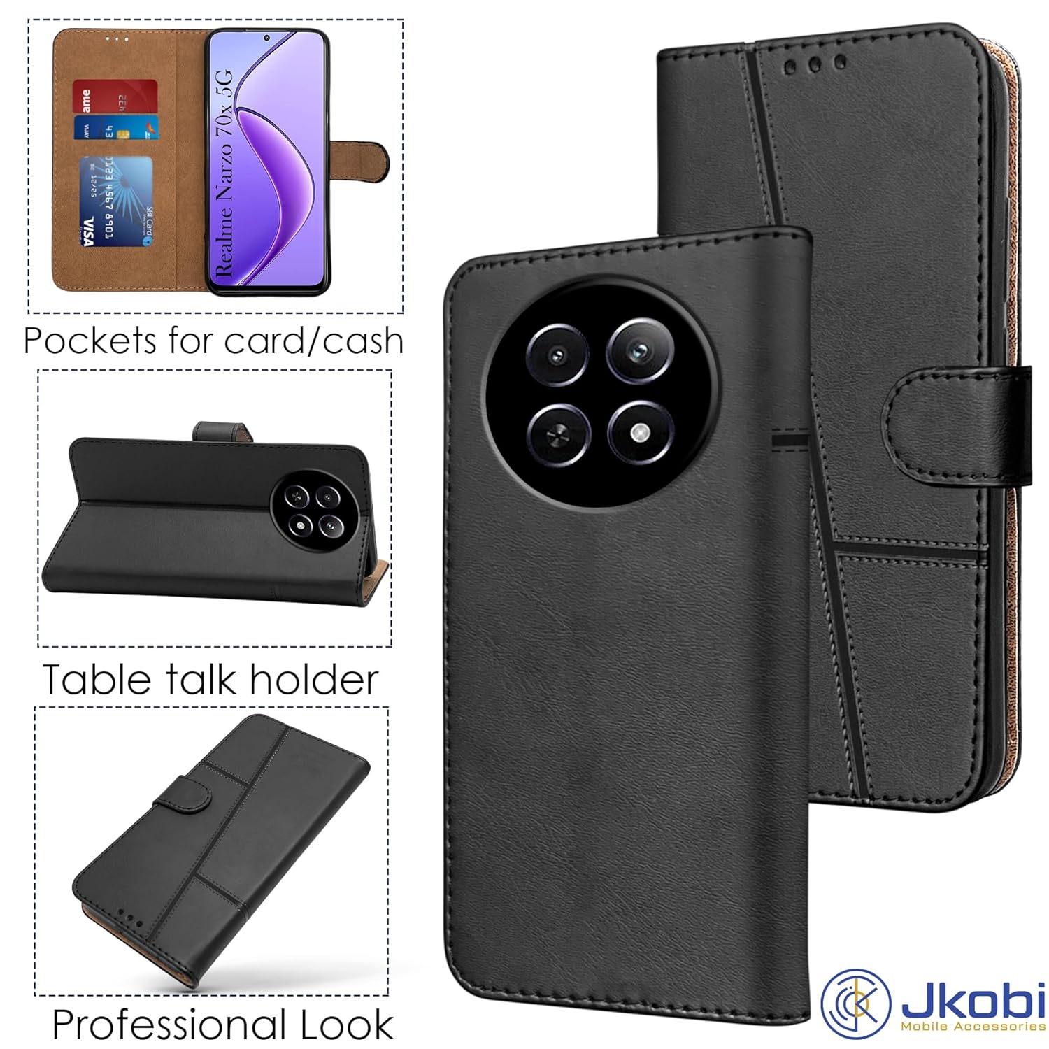 Jkobi Flip Cover Case for Realme Narzo 70x 5G (Stitched Leather with Magnetic Closure | Black) Jkobi Flip Cover Case for Realme Narzo 70x 5G (Stitched Leather with Magnetic Closure | Black)