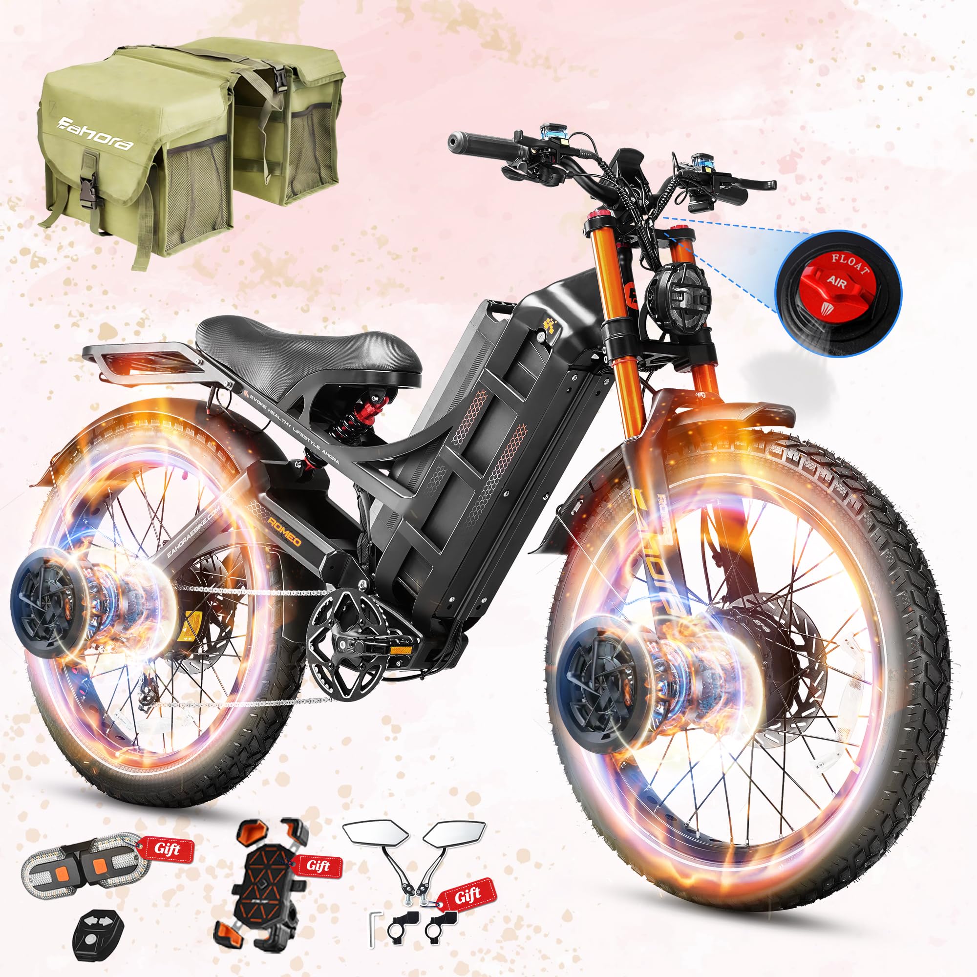 eAhora 2026 Romeo Pro 3/2 52-46Mph Electric Bike for Adults 6000W/4000W/2500W Dual Motor Ebike 60V/80Ah 52V/70Ah Long Range Fat Tire Full Suspension Electric Mountain Bicycle