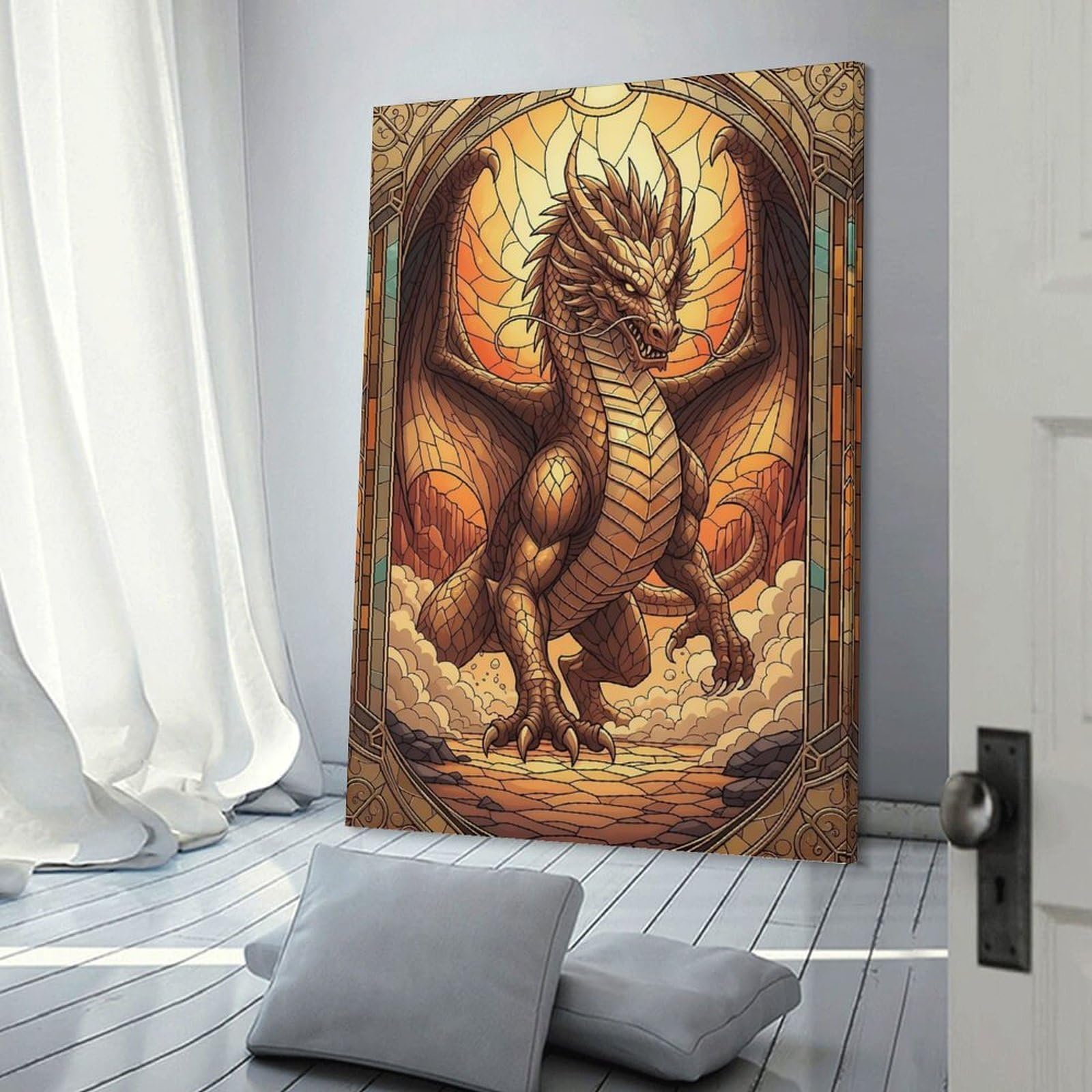 Junmoney Stained Glass Dragon Illustration Wall Picture Print 24x36inch(60x90cm), for Bedroom Decor, Cosy Corners Or Studios, Home Artwork with A Soft Interior Feel