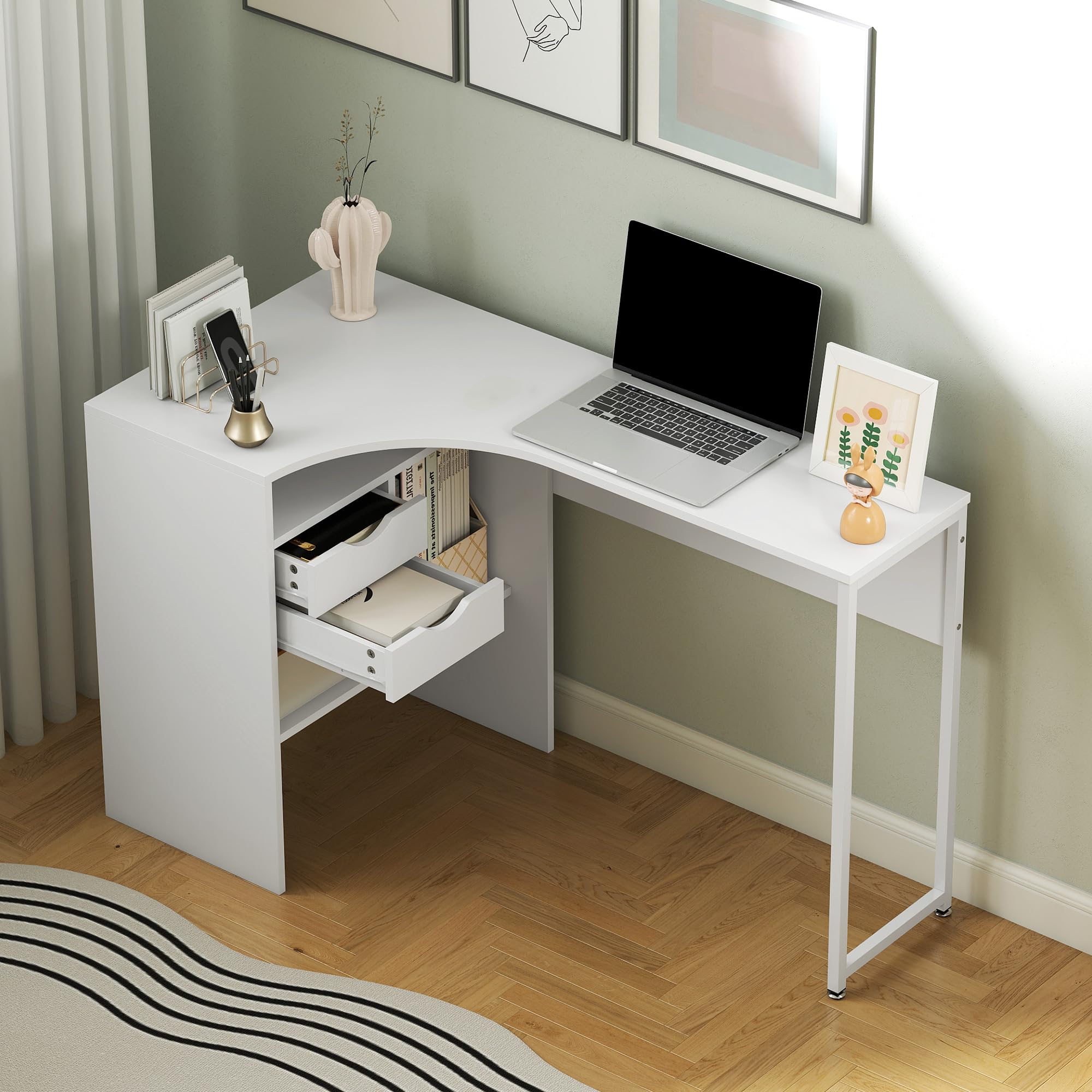 HOMCOM Scrivania angolare con 2 cassetti, 120 x 60 cm, Scrivania a L con 3 scomparti aperti, Tavolo per computer per studiare, lavoro, camera, casa, bianco
