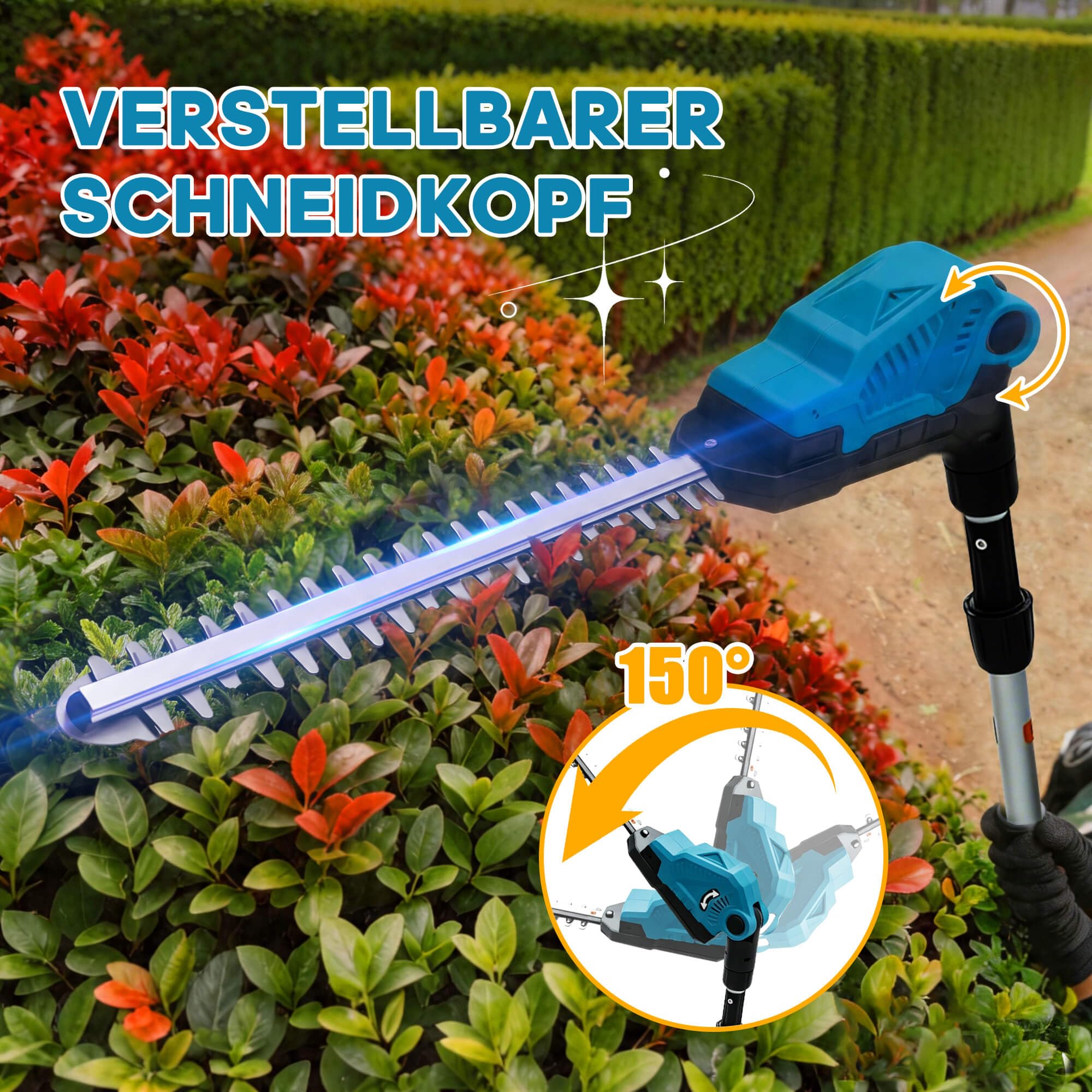 Teleskop Heckenschere Akku für Makita Akku 18V Höhe bis 2.7m | 48cm Schnittbreite, Zinkenabstand 16 mm,150° winkelverstellbarer Schneidkopf