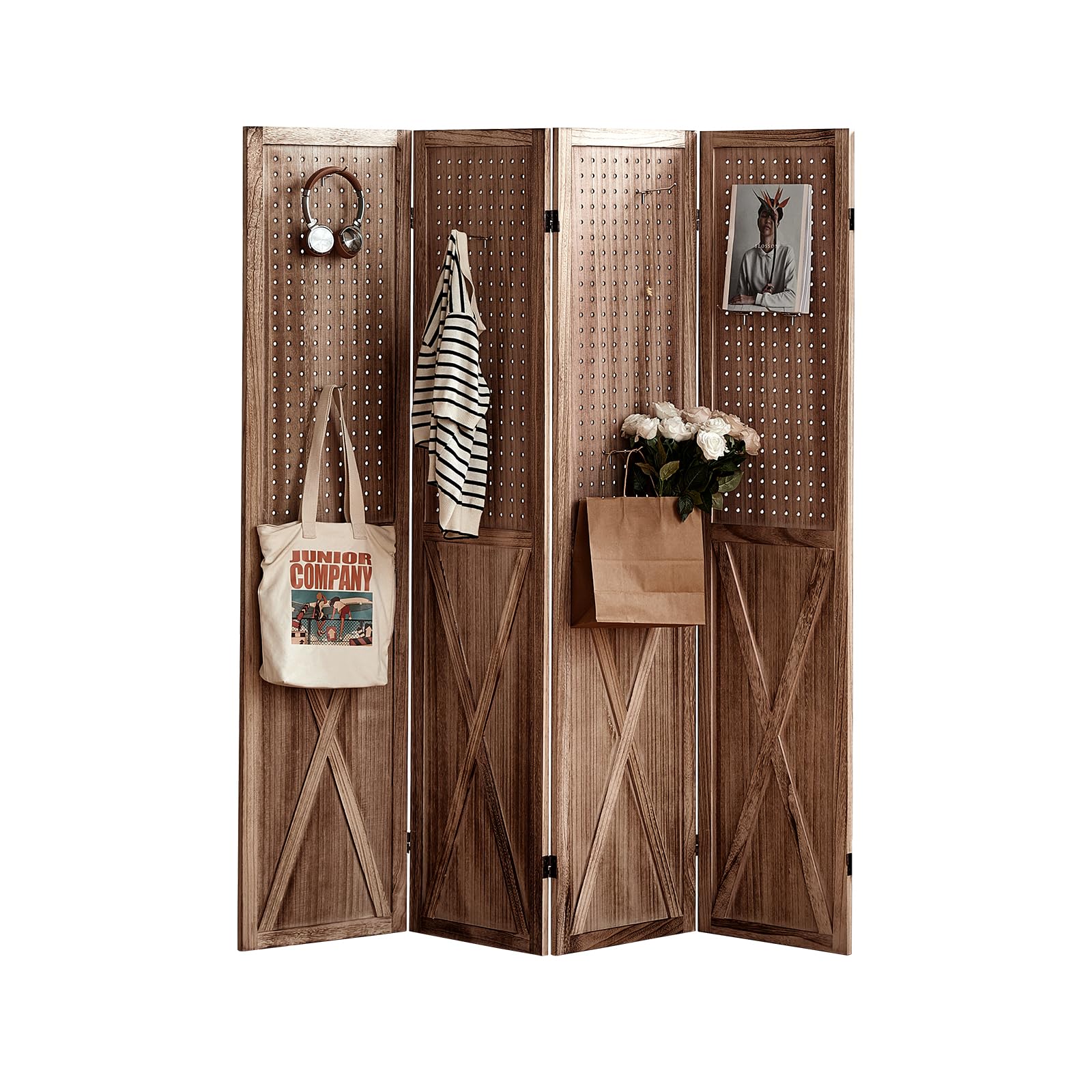 ALeesing4 Panel Room Divider, 5.6Ft Pegboard Display Wood Room Divider Folding Privacy Screens, Room Divider Peg Board Display Freestanding for Trade Show Craft Show Home Wall Organizer, Retro Brown