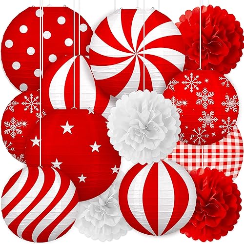 Miniatura 10 de Juego de 15 adornos de Navidad – 9 linternas de papel rojo, blanco y verde, 4 pompones, 2 espirales colgantes para interiores, hogar, fiesta de