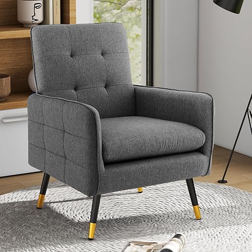 Miniatura 12 de Giantex Silla decorativa moderna de mediados de siglo, sillón tapizado con respaldo copetudo, patas de metal, almohadillas ajustables, sofá