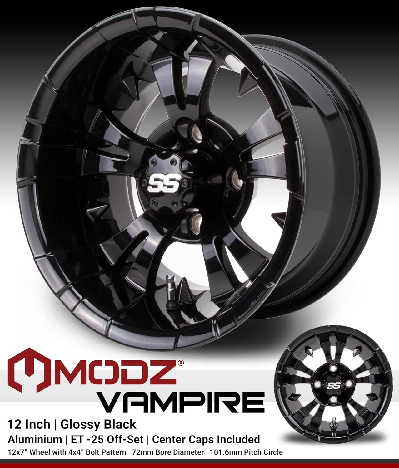 MODZ® Vampire 12" Glossy Black Golf Cart Wheels & Arisun Cruze Tires Combo - Set of 4