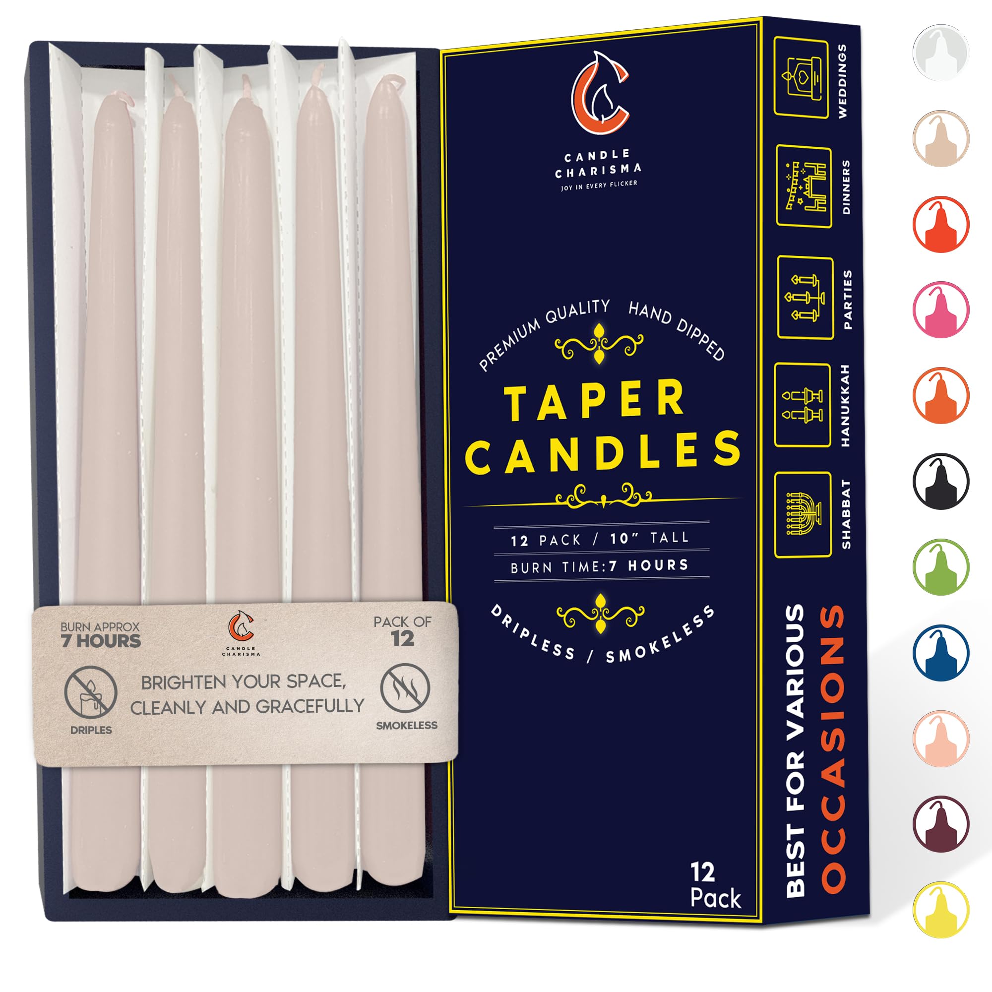 Ivory Cream 10 Inch Taper Candles - Pack of 12 Premium Unscented, Dripless & Smokeless Hand-Dipped Candles for Birthday, Wedding or Dinner Decorations and Formal Candlelighting