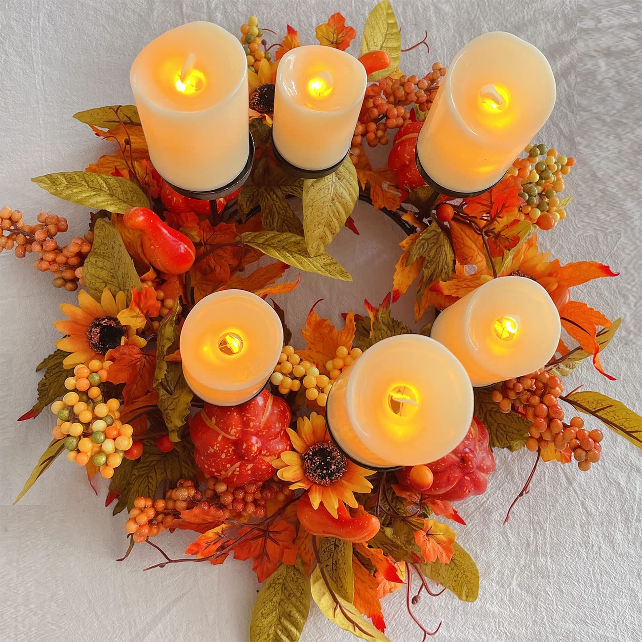 CIR OASES 12 inch Thanksgiving Candle Holders,Thanksgiving Tabletop Centerpiece with 6 Candle Holders?Artifical Pumpkin Pine Cones Maple Leaves for Festive Wedding Rustic Family Candles Decor