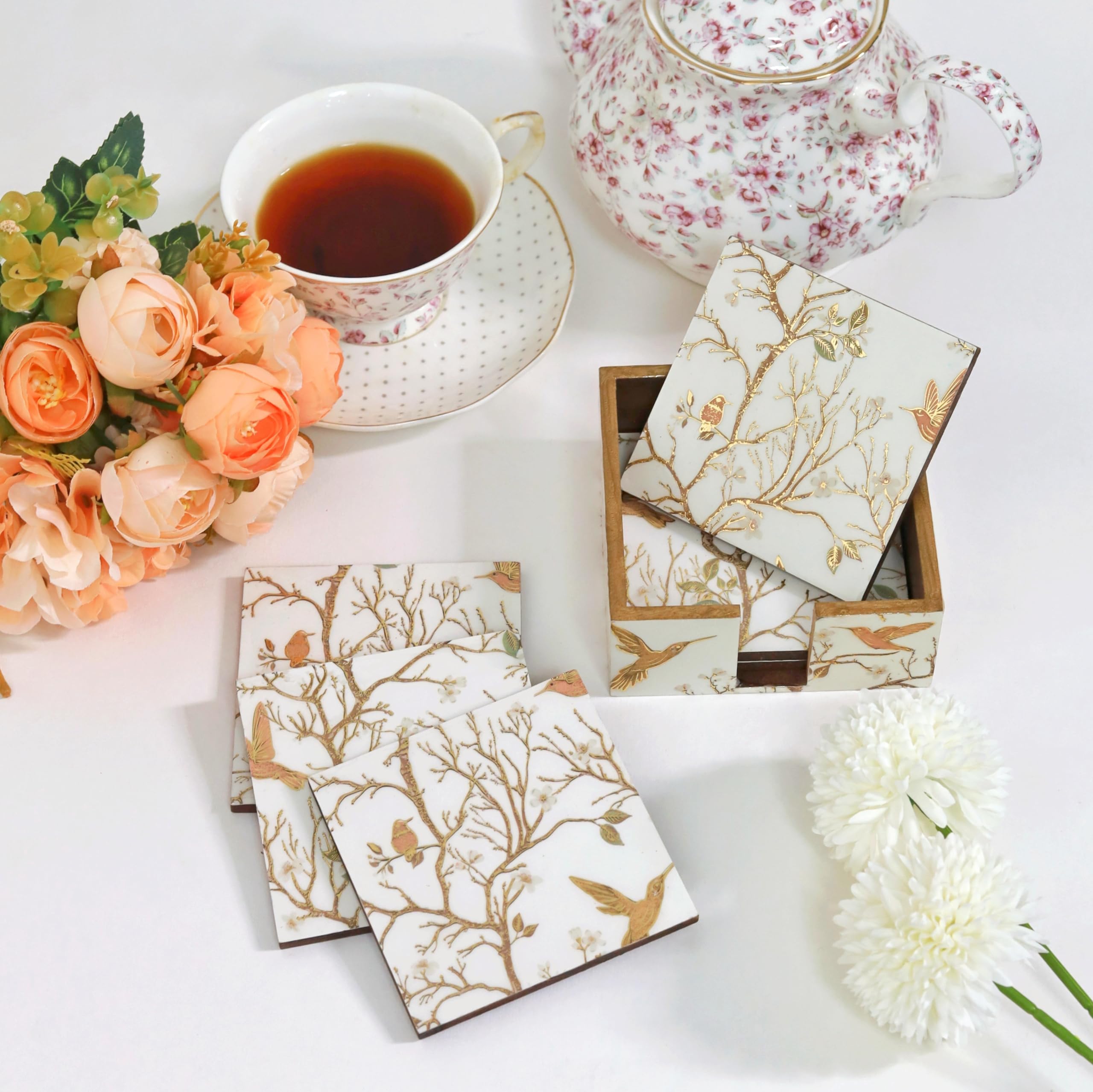 CASAGOLD Set of 6 White Bird Print MDF Wood Tea Coasters with Stand | Resin Wood Tea Coaster | (10 * 10 cm) (B0D41VMWKV) Amazon Price History, Amazon Price Tracker
