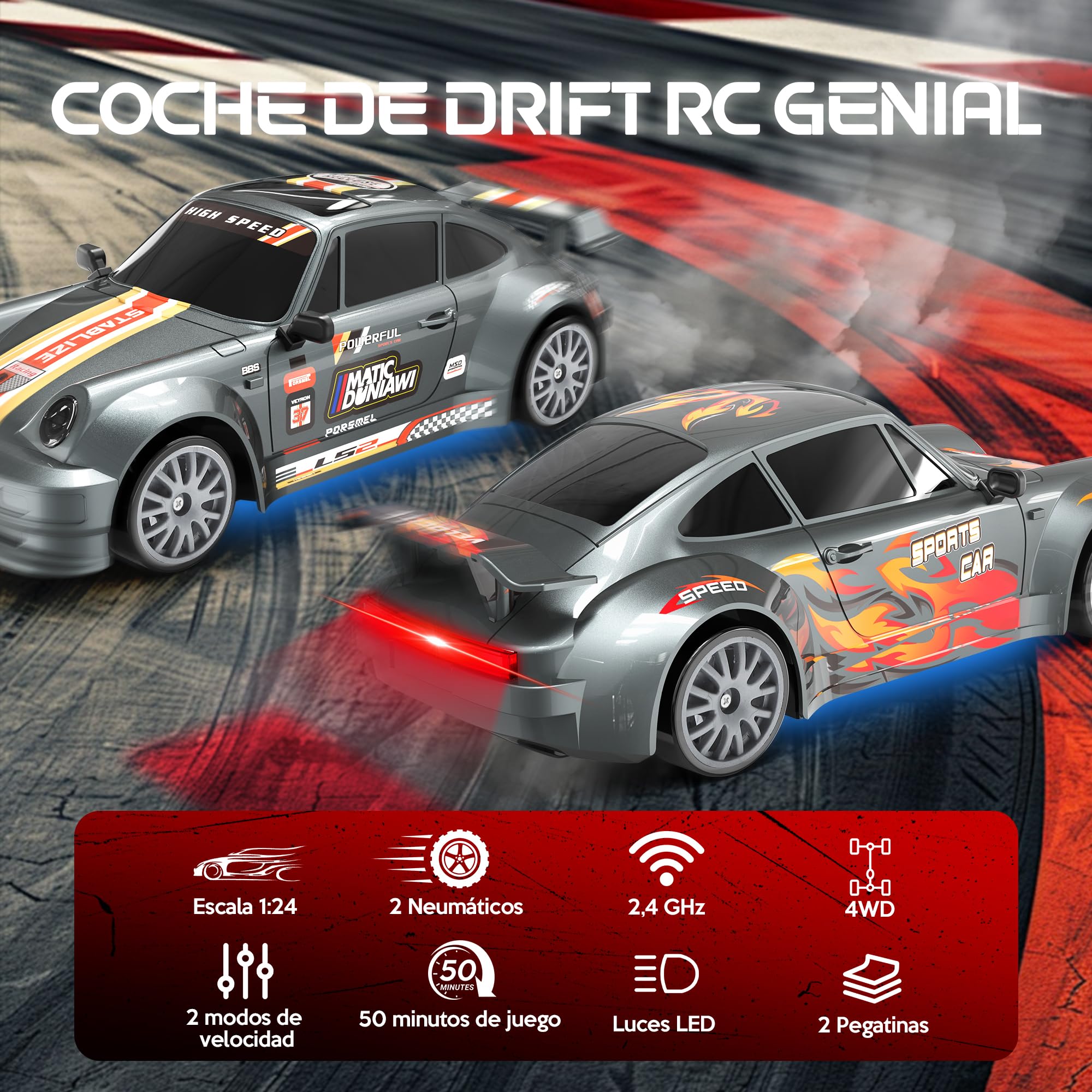 HappyGoLucky Coche RC Drift Car, Coche Teledirigido Drift con Luces LED, 2.4 GHz, 10-15KM/H, 4WD 1:24 Mini Drift Car Juguetes Niños 3-12 Años para Adultos - Regalo Navidad Niño