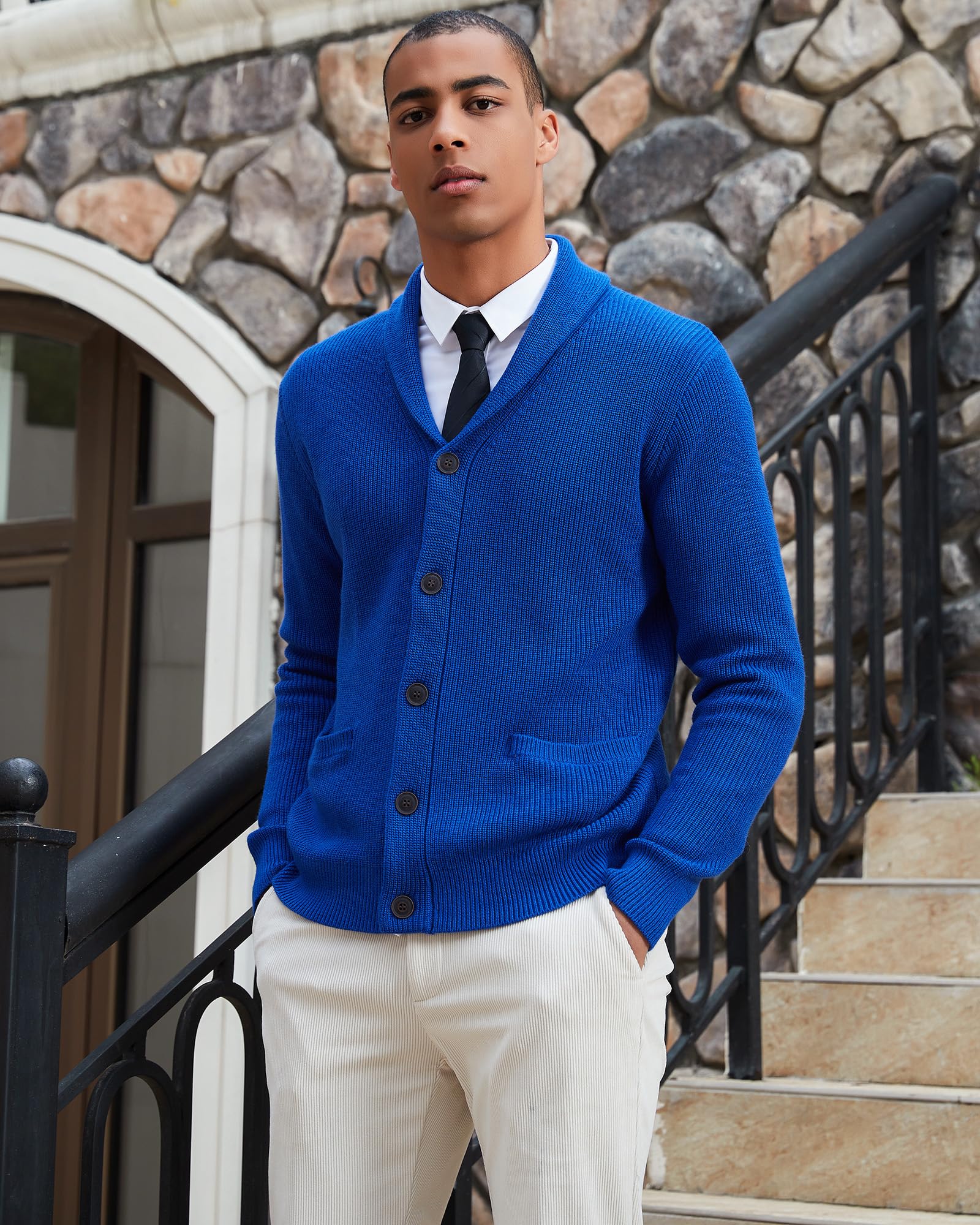 Kallspin Maglione da Uomo Cardigan con Collo a Scialle con Bottone e Tasche in Lana