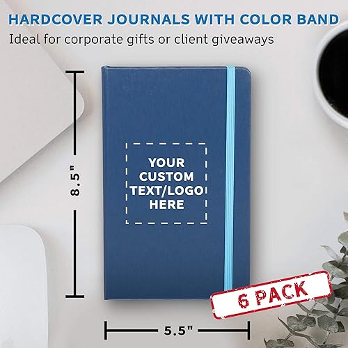 Miniatura 5 de DISCOUNT PROMOS Juego de 6 cuadernos de tapa dura personalizados con banda elástica de colores, paquete personalizado a granel, perfecto para la