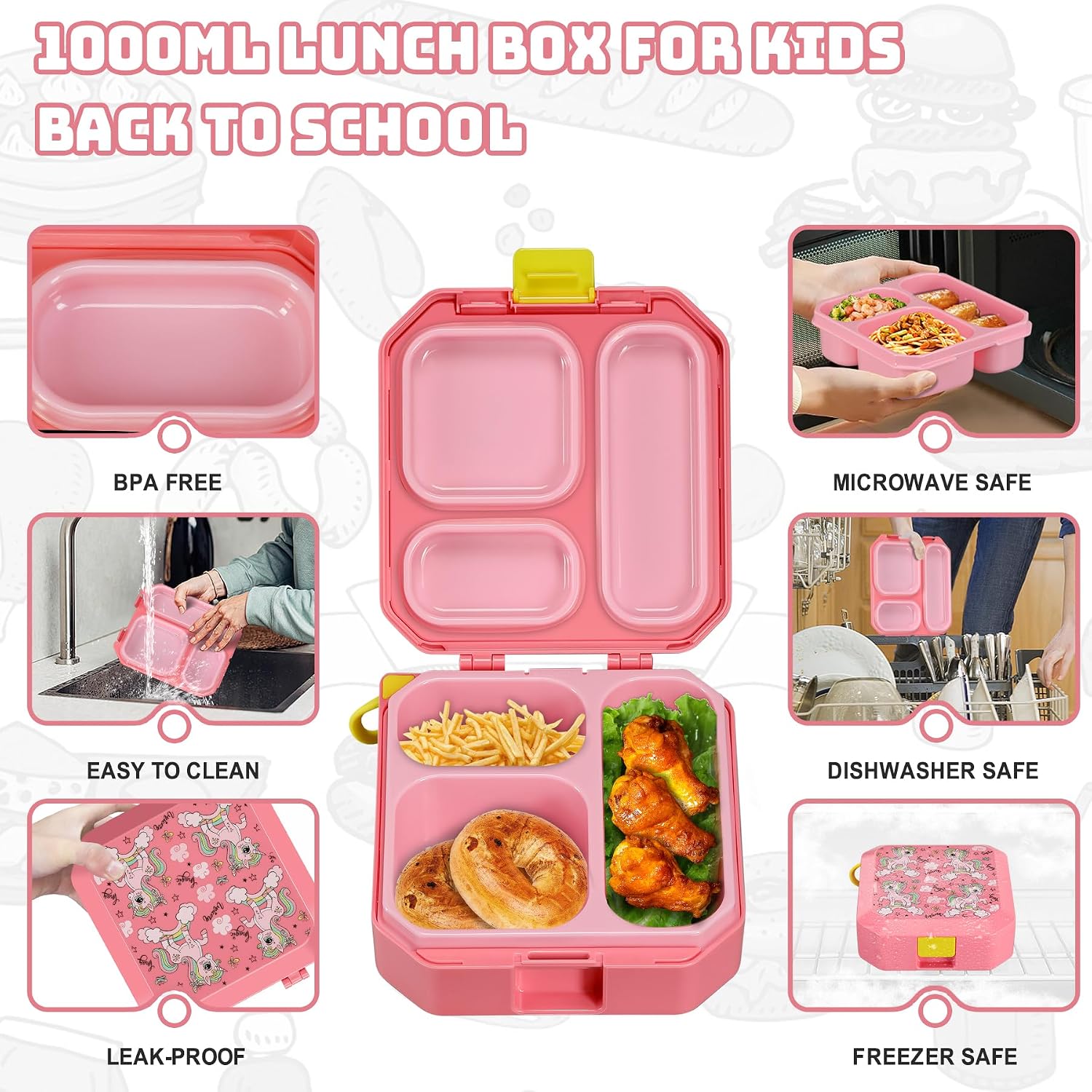Itslife Bento Lunch Box Set for Kids with 12oz Soup Thermo&Lunch Bag, Leak-Proof Lunch Food Containers for Kids School, 5 Compartment, Sauce Cup, 10 Notes (Unicorn Pink)