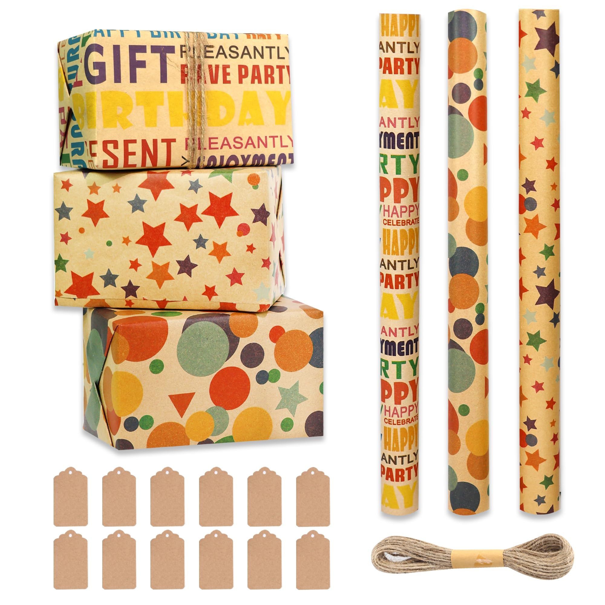 Recyclable Birthday Wrapping Paper Roll, 43x300cm Kraft Rolls and Tags, 3 Rolls Happy Gift Wrap for Girls Boys Kids