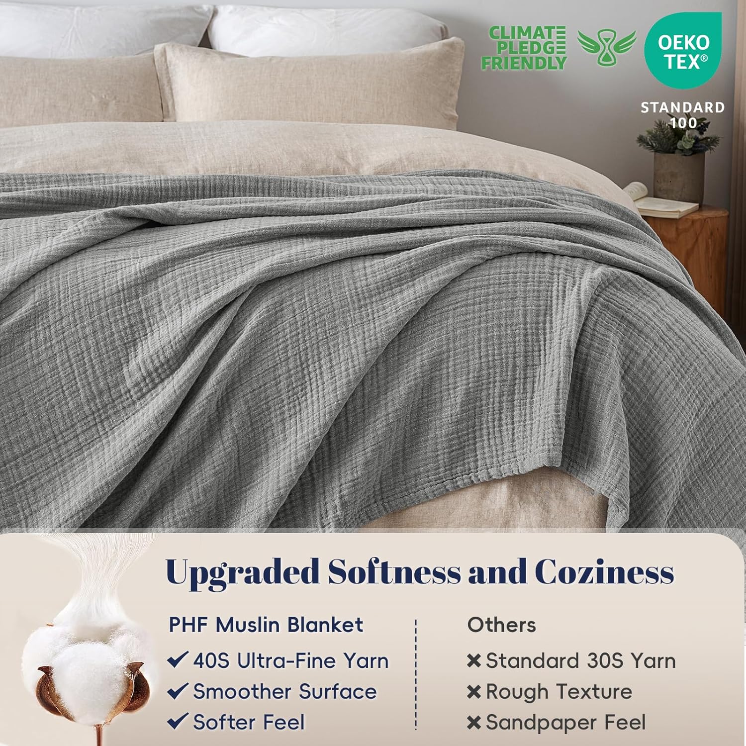 PHF 100% Cotton Muslin Blanket King Size 108"x90", 4-Layer Lightweight Gauze Throw, Breathable Cloud-Soft Minimalist Blanket for Bed, Couch, Camping & Baby, Grey, Ideal Gift - Image 4