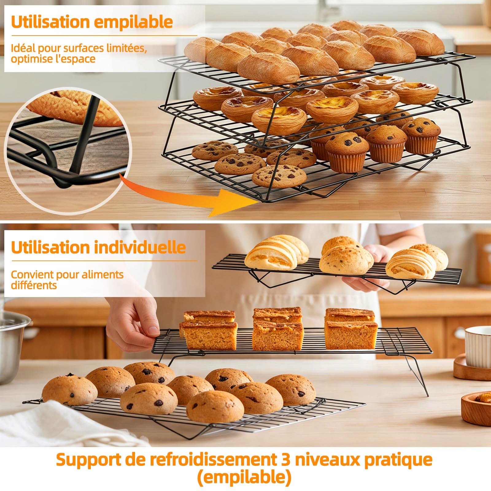Grille de Refroidissement Pâtisserie Acier Carbone Antiadhésive 40x25 cm Pliable Empilable 3 Niveaux