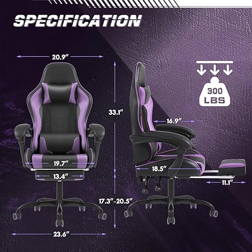 Miniatura 3 de Silla de juegos Shahoo con reposapiés y soporte lumbar de masaje, sillas de computadora, asiento de carreras de video con altura ajustable, giro de