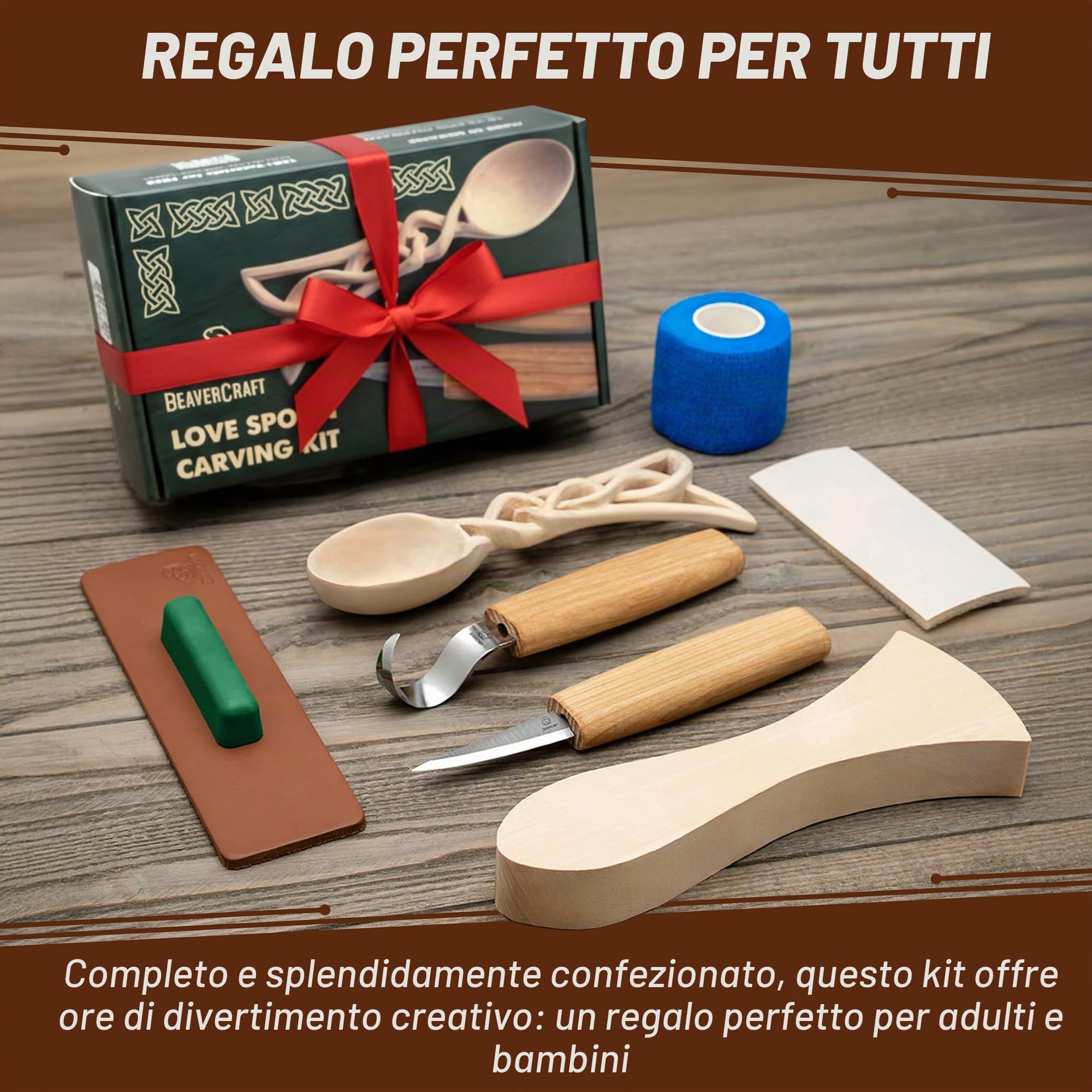 BeaverCraft Kit per Intaglio Cucchiai in Legno per Principianti DIY04 – Set di Scultura con Strumenti per Cucchiai, Coltello Sloyd e Coltello a Gancio – Sagoma in Tiglio – Hobby del Legno