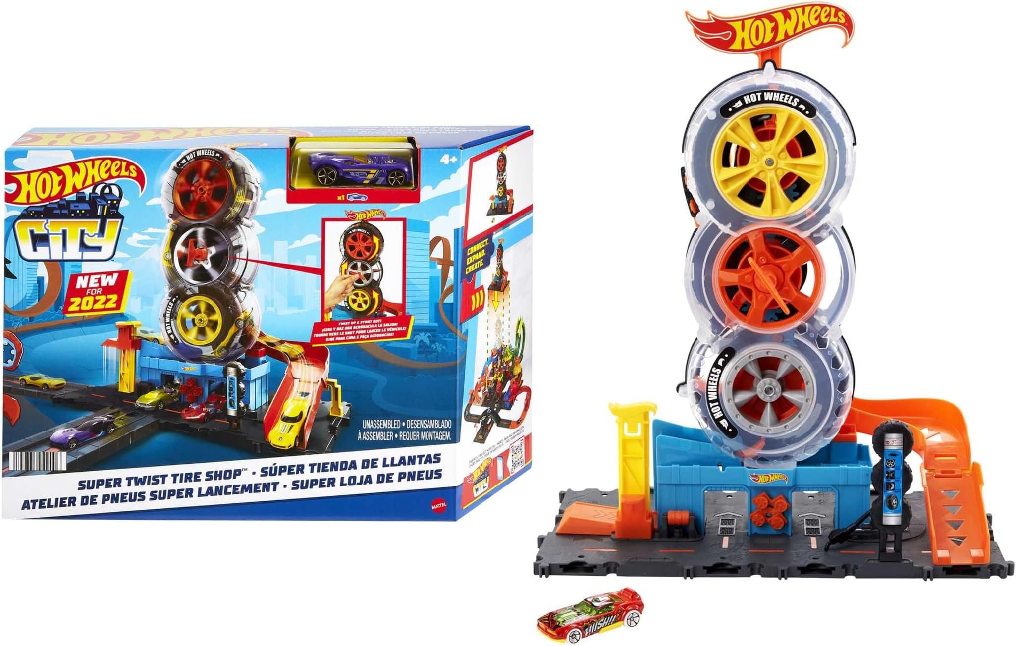 City Super Twist Tire Shop Playset, Spin the Key to Make Cars Travel Through the Tires, Includes 1 Hot Wheels Car, Gift for Kids 4 to 8 Years Old, HDP02