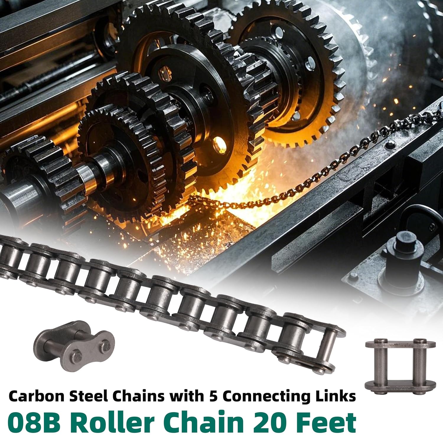 #08B Roller Chain 20 Feet 428 Carbon Steel Chains with 5 Connecting Links Pitch Size 1/2" for Chain Driven Sliding Gate Opener, Mini Bikes, Scooters, Dirt Bike and Other Industrial Machinery