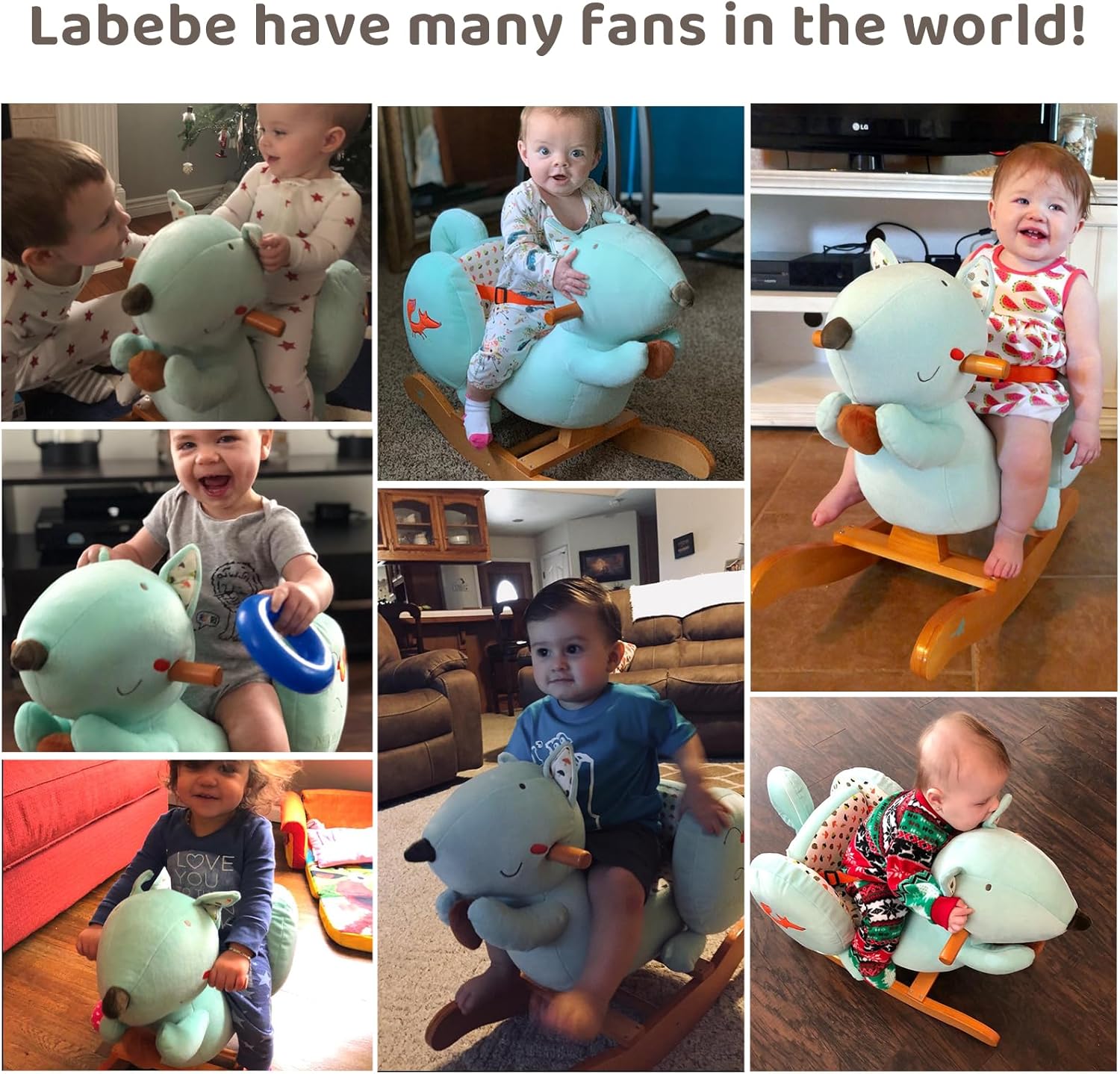 labebe Baby Rocking Horse, Blue Squirrel Rocking Horse for Toddler 1-3 Age Boy&Girl, Plush Rocking Squirrel with Seatbelt for 6 Months Babies, Children Ride-on Toy Wooden Animal Rocker