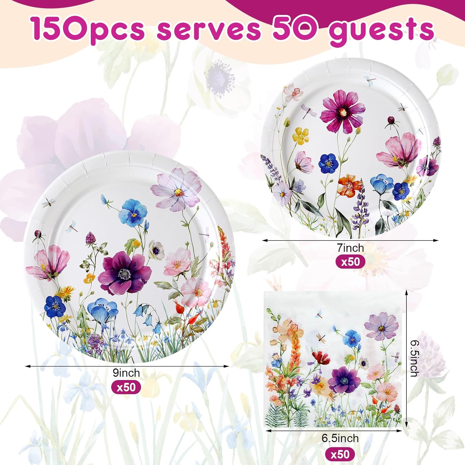 Pickmesh 150 Pcs Wildflowers Paper Plates and Napkins Colorful Dragonflies Floral Birthday Wedding Party Supplies Disposable Dinnerware Include 50 Dinner Dishes 50 Dessert Plates 50 Napkins