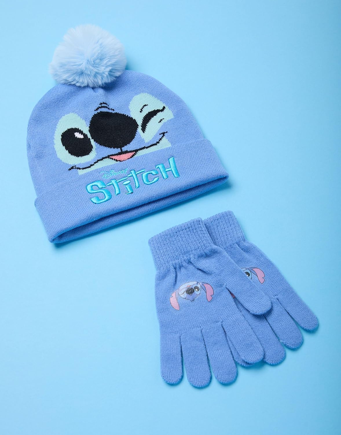 Disney Lilo & Stitch Girls Beanie Hat & Gloves Set | Blue Knitted Winter Hat with Stitch Character Face | Kids One Size Pom Pom Beanie with Heat Transfer Print Gloves | Classic Movie Merchandise Gift - Image 6