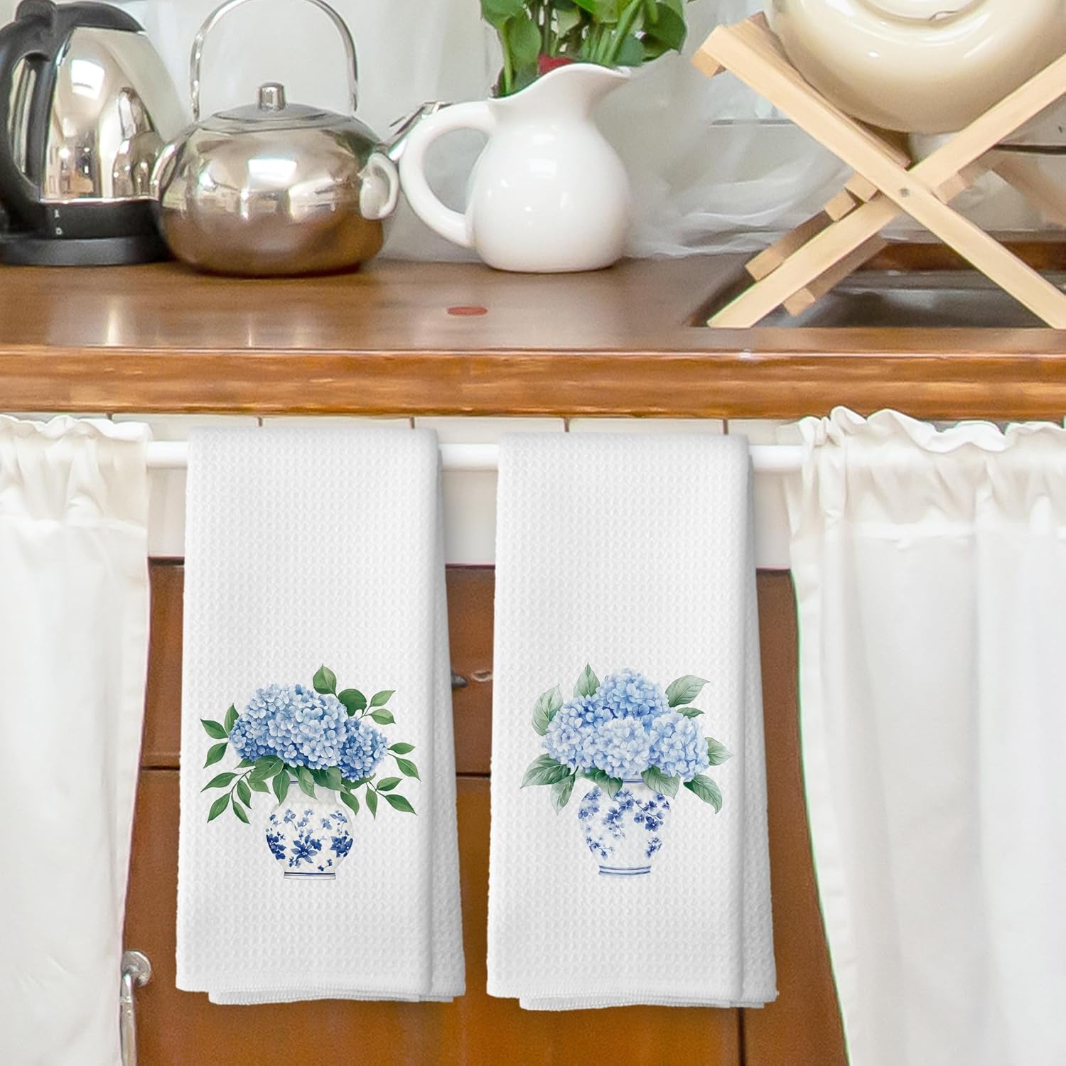 Chinoiserie Vase Floral Kitchen Dish Towels Set of 2, Blue and White Porcelain Hydrangea Gifts for Wommen, Spring Chinoiserie Flower Hand Towels Kitchen Tea Towels Decorations, 16x24inch - Image 2
