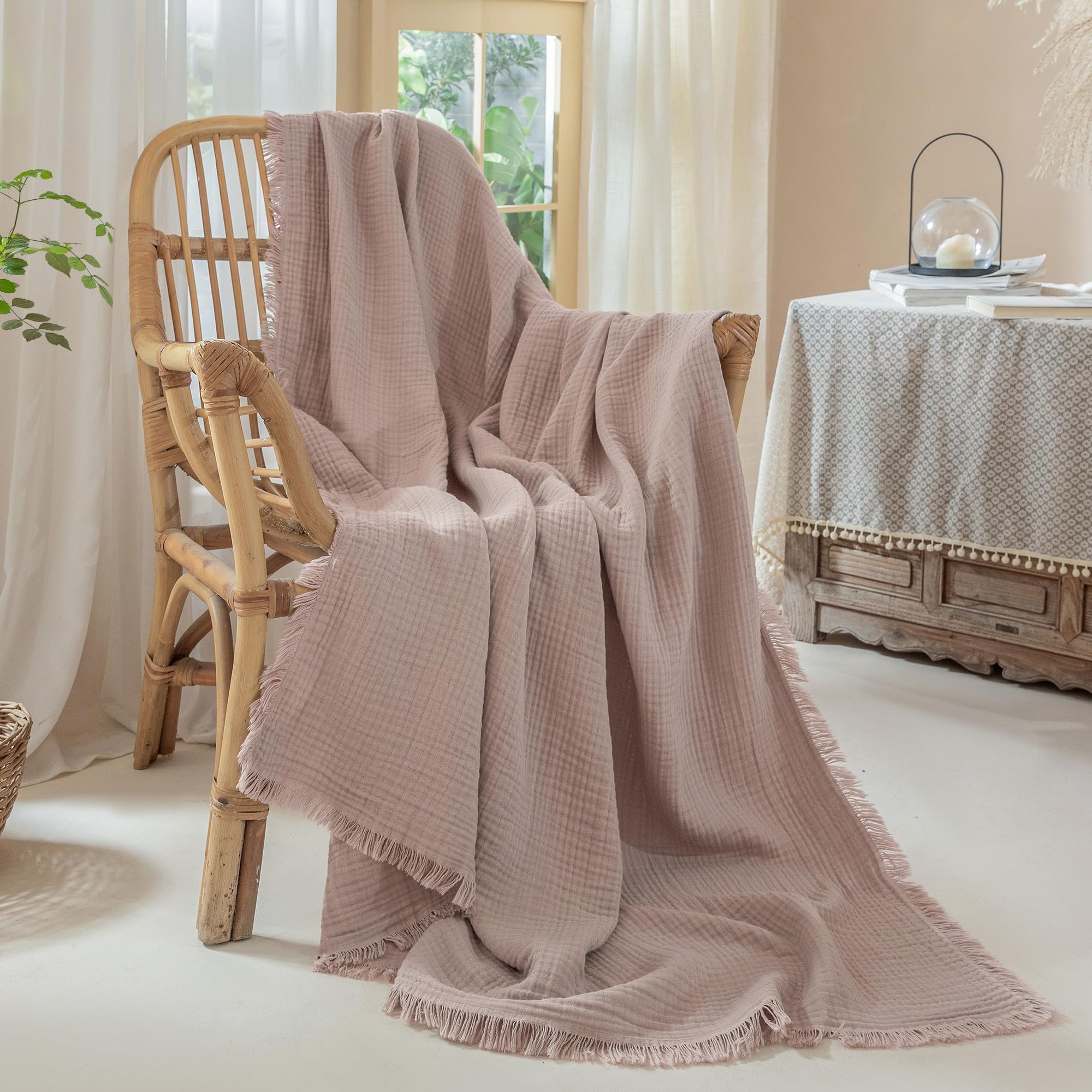 Muslin Fringe Blankets for Adults 100% Cotton Cloud Soft Throw