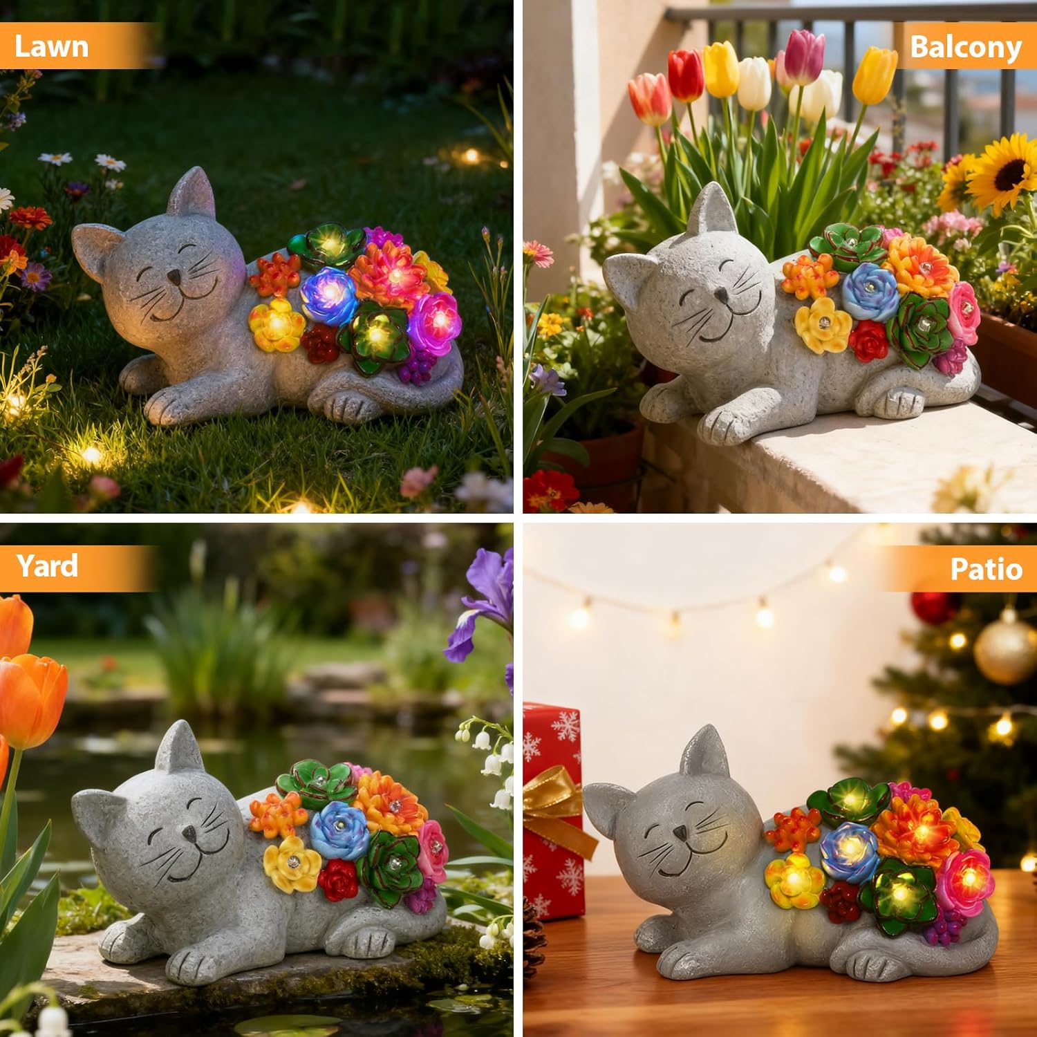 Solar Cat Garden Statues with Succulent and 6 LED Lights, Christmas Birthday Gifts for Women Mom Men, Outdoor Garden Decor for Cat Lover, Yard Decor Art Lawn Patio Balcony - Image 6