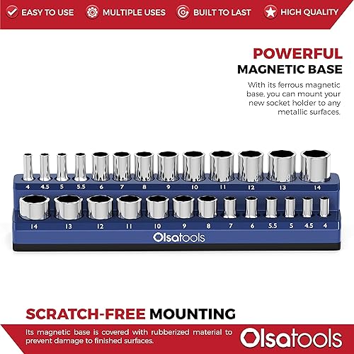 Miniatura 4 de Olsa Tools Portadados magnético, para dados métricos con cuadros de mando de 14 de pulgada, color azul, caben 26 dados, organizador de herramientas