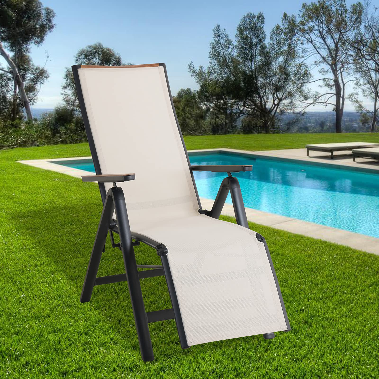 Grand patio Silla Plegable con Reposapiés, Silla Reclinable de Aluminio, Ligera, Respaldo Alto Ajustable de 6 Posiciones, Textil, Tumbona de jardín para Interiores, Exteriores (Beige)